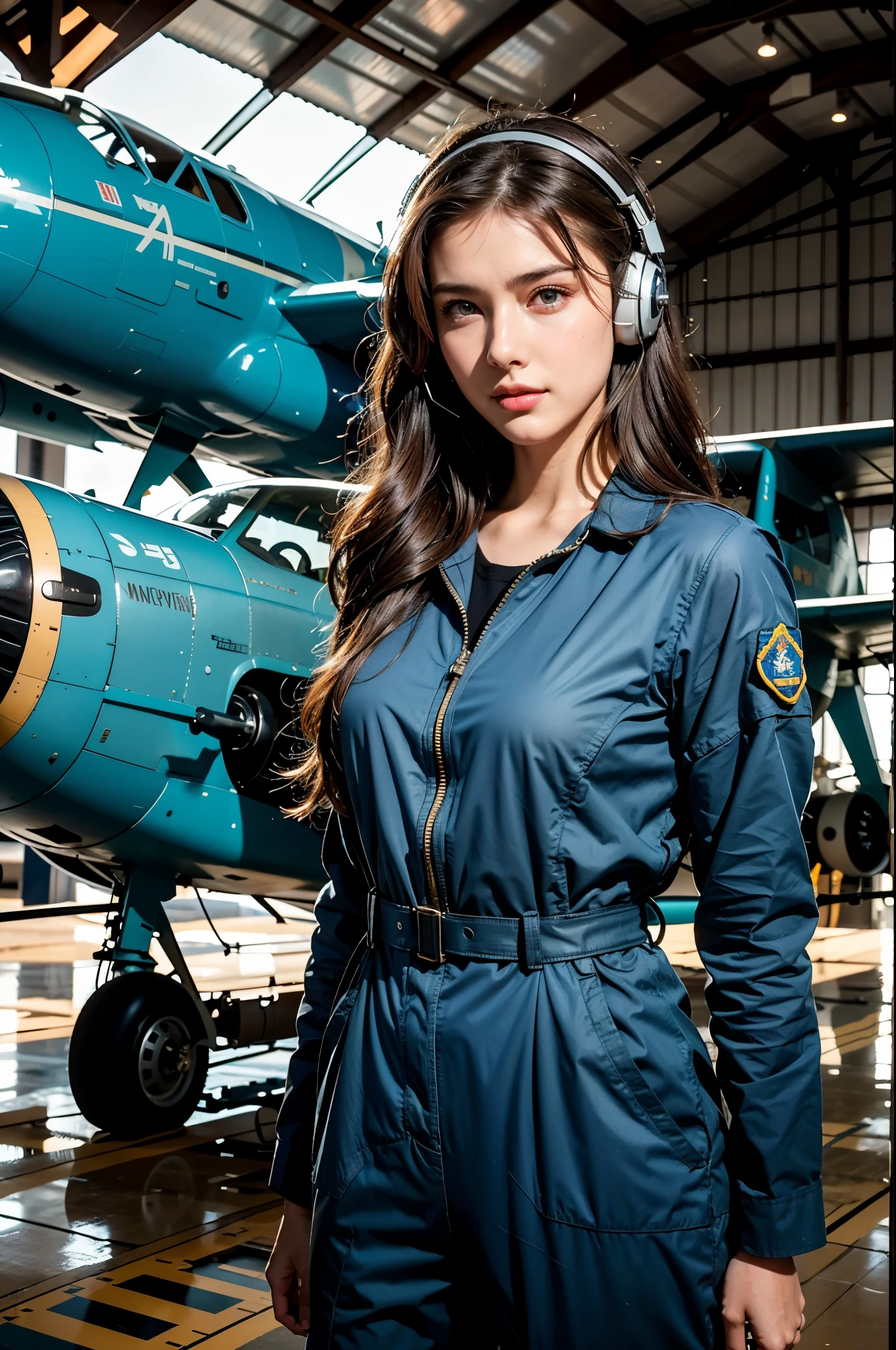 Best quality, ((professional photograph, RAW photo)), Insanely realistic, an extremely delicate and beautiful, ultra high res, realistic lighting and shading, (Realistic image of a extremely pretty female Aircraft mechanic, solo), Inside a spacious Aircraft hangar, Monoplane fighters of the World War II era line the background, Aircraft parts scattered on the floor, Tools for maintenance, She does aircraft maintenance, (wearing Military camouflage patterned Long-sleeved mechanic's coverall), (wearing mechanic's heavy-duty glove), (Wearing a headset), her hair is tied back later, very professional mechanic, inscrutable smile, ((extremely beautiful depiction of the eyes and face)), (insanely beautiful natural skin texture), Accurate eyes, Accurate hands, Well-balanced overall body