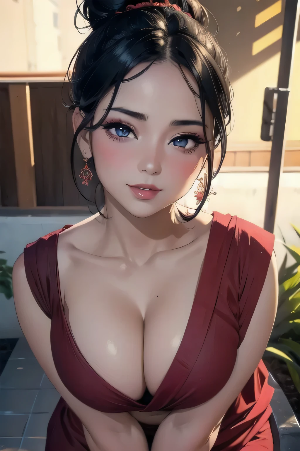 Sexy woman, MILF, neighbour, black hair in a bun, seductive eyes, blushing, seductive smile, amazing makeup, wearing a saree, lustful look, sultry pose