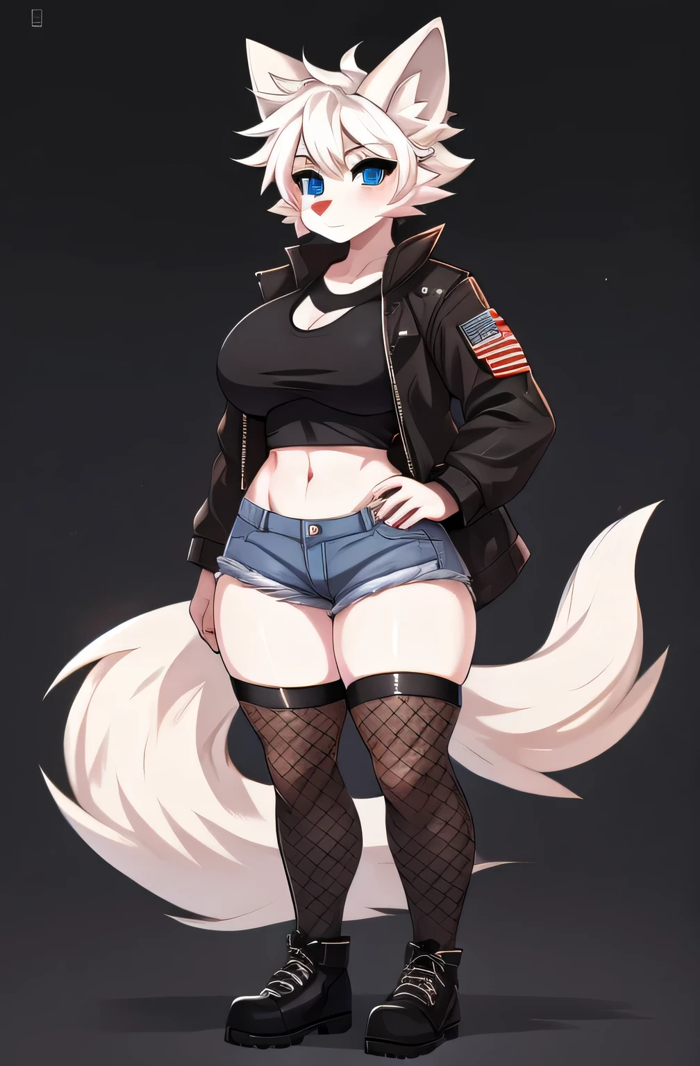 Single boy, Anime tomboy, Short, Long white hair, wolf ears, wolf tail, blue eyes, wearing short denim hotpants, thigh high fishnets, black combat boots, wearing fur lined open jacket, wearing cropped t-shirt, solo tomboy, only one female ((big breasts)) solo, alone, (SOLO)(ALONE) thicc thighs, wide hips, blue eyes, perfect eyes, perfect face, pouty lips, happy
