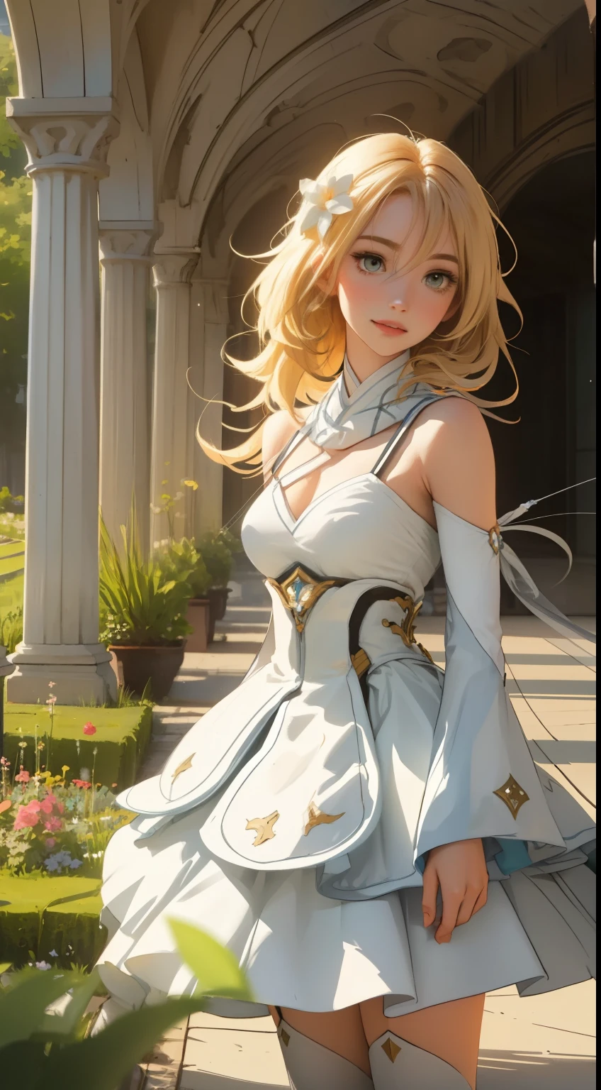 A girl with long, silvery hair wearing a blue and white outfit, holding a glowing bow and arrow, standing in a vibrant garden filled with colorful flowers and lush green trees. Her beautiful detailed eyes are bright blue, reflecting wisdom and determination. Lumine's lips are soft and pink, giving her a gentle and friendly smile. The garden is bathed in golden sunlight, casting warm rays of light on the girl and the surroundings. The overall image is of the highest quality, with impeccable details and stunning realism. The scene has a dreamlike quality, with soft and pastel colors creating a sense of tranquility. The lighting is soft and diffused, creating a warm and inviting atmosphere. The artwork is reminiscent of a digital illustration, with vibrant colors and sharp focus. The art style is influenced by the fantasy genre, with elements of whimsy and magic. The colors are soft and muted, with a slight blue tint to enhance the ethereal feel. The lighting is natural, with gentle shadows and highlights that add depth and dimension to the scene. This prompt captures the essence of Lumine from Genshin Impact, bringing her to life in a beautiful and captivating garden setting.