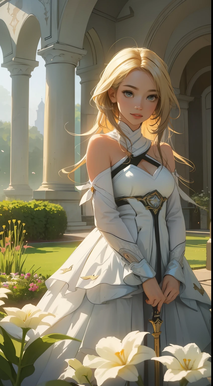 A girl with long, silvery hair wearing a blue and white outfit, holding a glowing bow and arrow, standing in a vibrant garden filled with colorful flowers and lush green trees. Her beautiful detailed eyes are bright blue, reflecting wisdom and determination. Lumine's lips are soft and pink, giving her a gentle and friendly smile. The garden is bathed in golden sunlight, casting warm rays of light on the girl and the surroundings. The overall image is of the highest quality, with impeccable details and stunning realism. The scene has a dreamlike quality, with soft and pastel colors creating a sense of tranquility. The lighting is soft and diffused, creating a warm and inviting atmosphere. The artwork is reminiscent of a digital illustration, with vibrant colors and sharp focus. The art style is influenced by the fantasy genre, with elements of whimsy and magic. The colors are soft and muted, with a slight blue tint to enhance the ethereal feel. The lighting is natural, with gentle shadows and highlights that add depth and dimension to the scene. This prompt captures the essence of Lumine from Genshin Impact, bringing her to life in a beautiful and captivating garden setting.