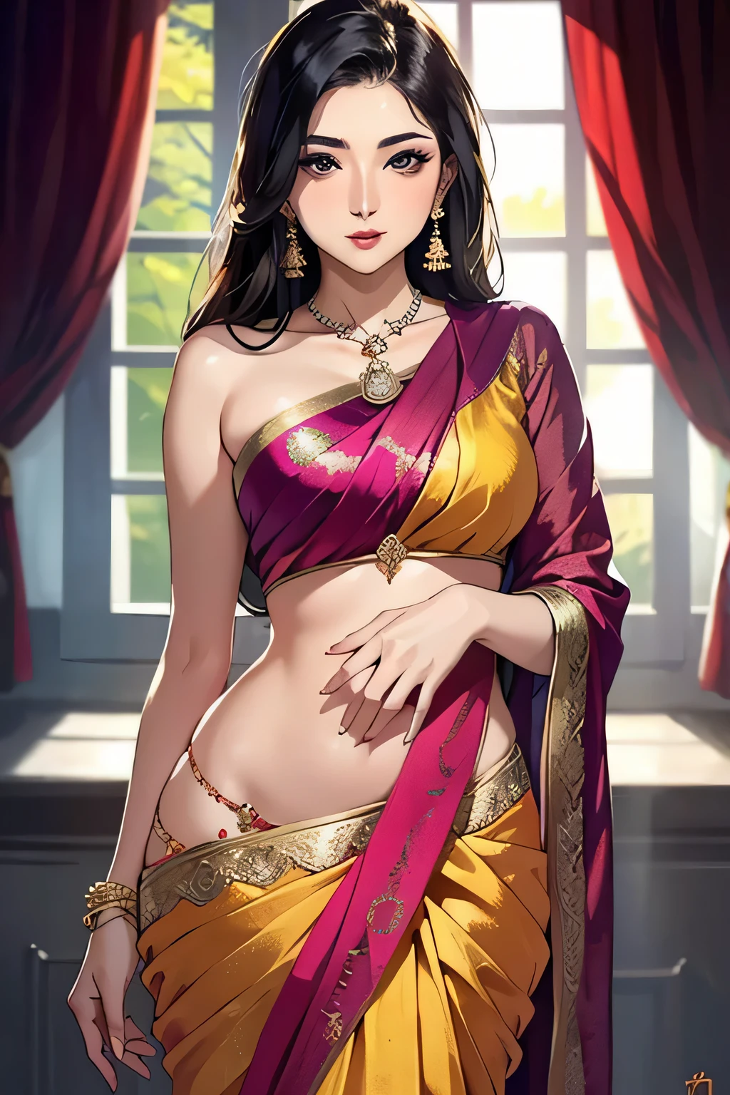 A seductive woman captivates in a stunning saree.