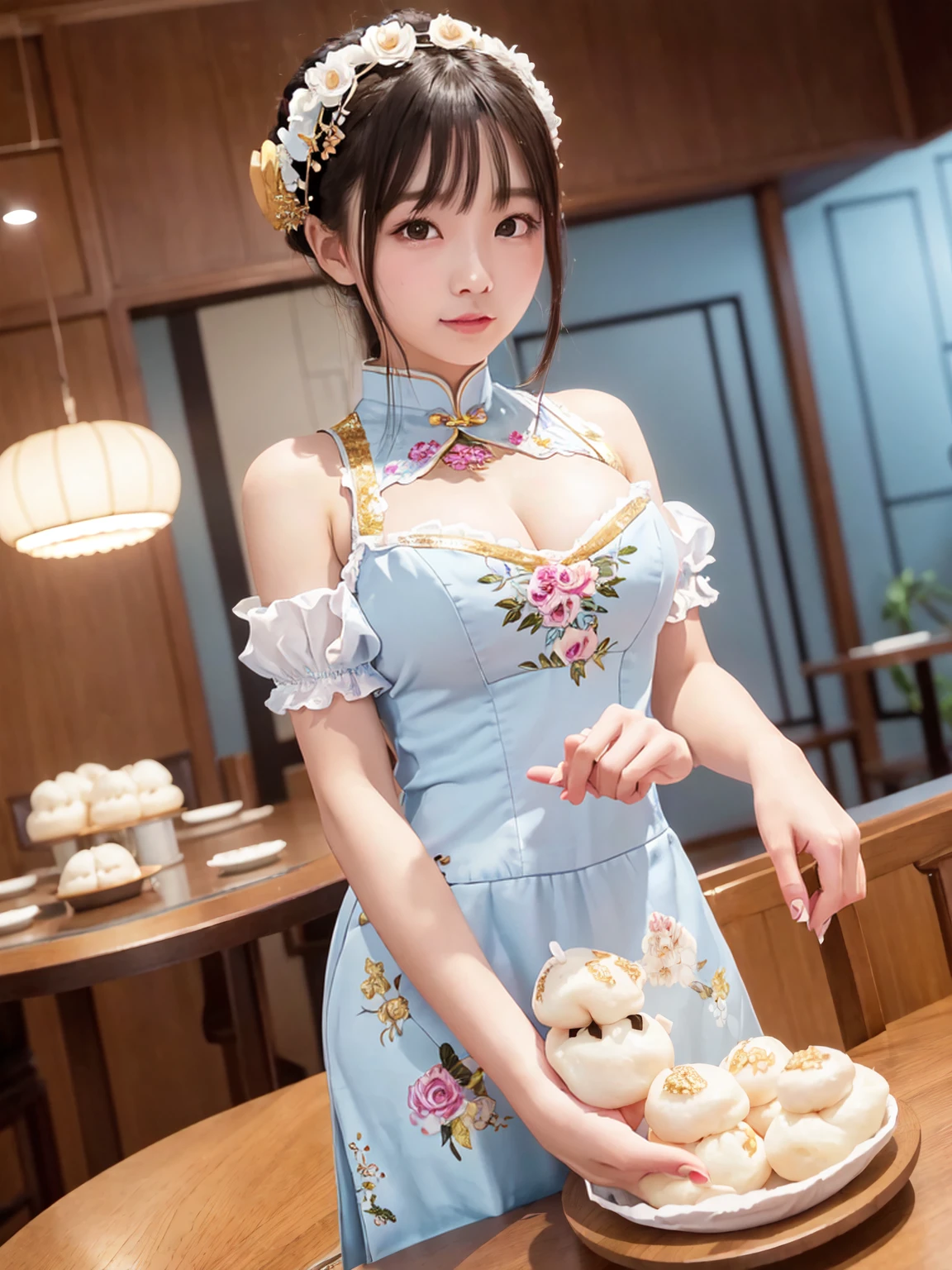 （In 8K, highest quality, Pieces fly:1.2)、Ultra-high resolution,1 female 18 years old,(((holding chinese white steamed bun))),Highly detailed face,Fine grain,Long eyelashes,Brown eyes,Cheeky,Detailed hand and fingers,(Twin Dango Hair),Blunt bangs,break,(Cute light blue cheongsam-style lolita fashion:1.1),Bustier,Gold and floral decorated dress,Professional Writing,smile,Captivate your audience,Stand in a Chinese restaurant,Large Breasts