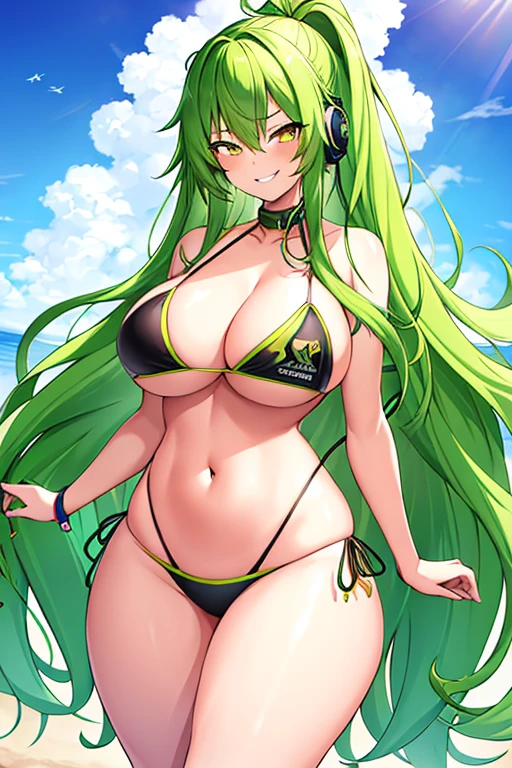 1girl, green hair, long hair, yellow eyes, headphones, earphones, large breasts, thick thighs, wide hips, bikini, highleg, highleg bikini, black bikini, green trim, smile, smirk, smug, beach, hair ornament