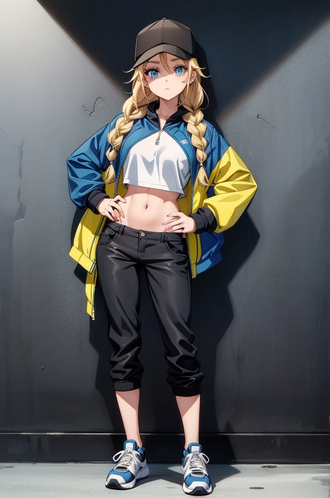 a woman in body paint posing near black and white wall with hands on hips, 1girl, solo, hat, blue eyes, braid, blonde hair, twin braids, shoes, looking at viewer, jacket, baseball cap, breasts, black headwear, covered navel, long hair, sneakers