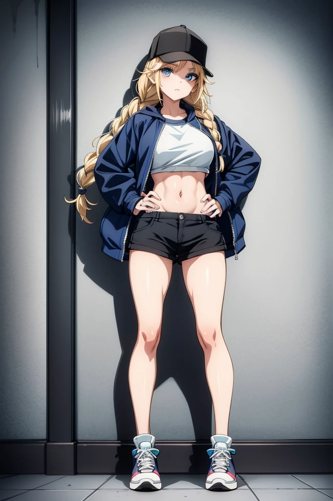 a woman in body paint posing near black and white wall with hands on hips, 1girl, solo, hat, blue eyes, braid, blonde hair, twin braids, shoes, looking at viewer, jacket, baseball cap, breasts, black headwear, covered navel, long hair, sneakers