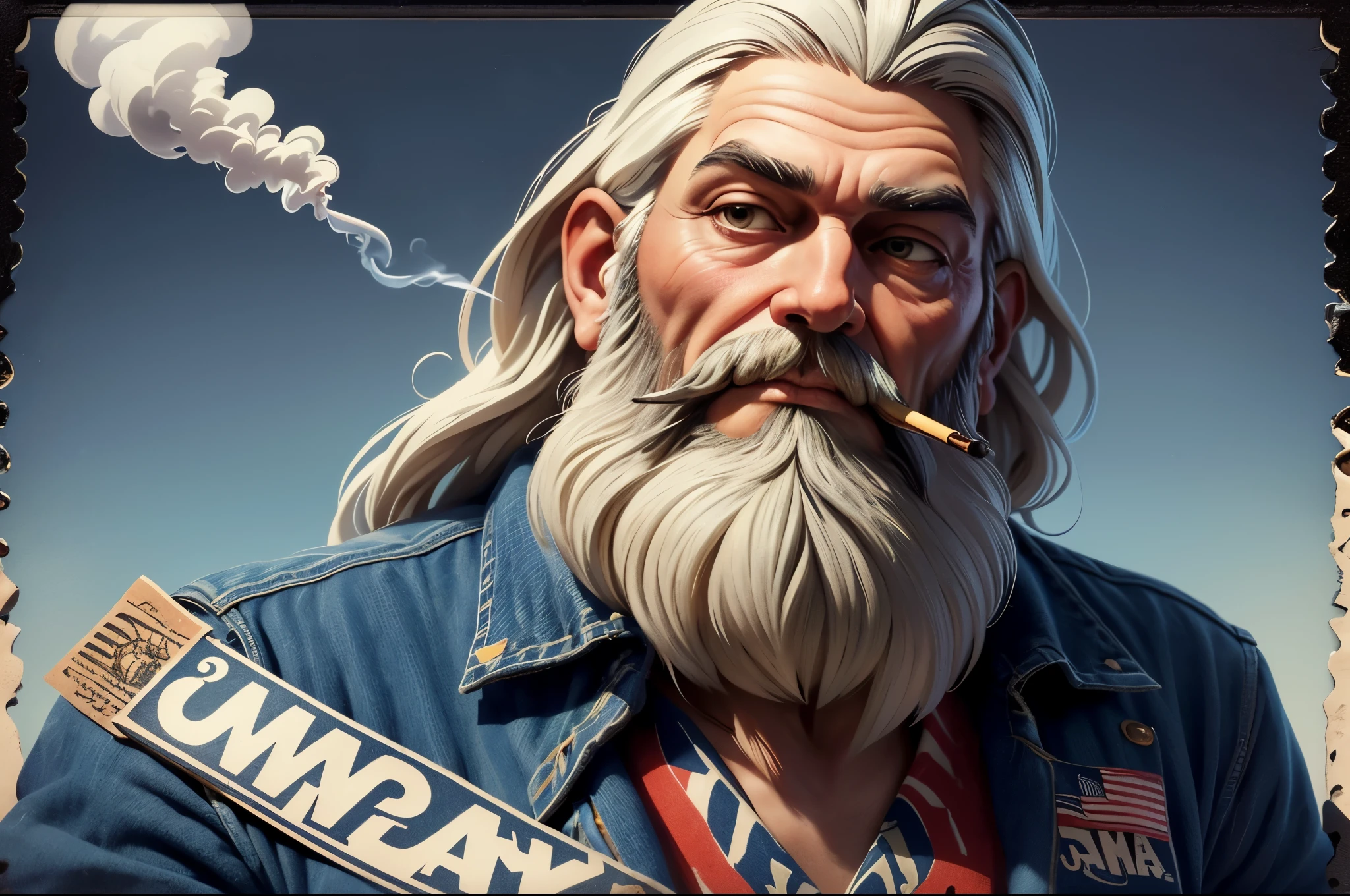 a close up of a stamp with a man smoking a cigarette, stamp, on a poststamp, postage, blunt borders, cannabis paranoia, marijuana, ganja, colorized, high times, bushy white beard, stoner, personification of marijuana, uncle sam, by Joe Stefanelli, marijuana photography, usa, american postcard art style, blunt, mad magazine illustration