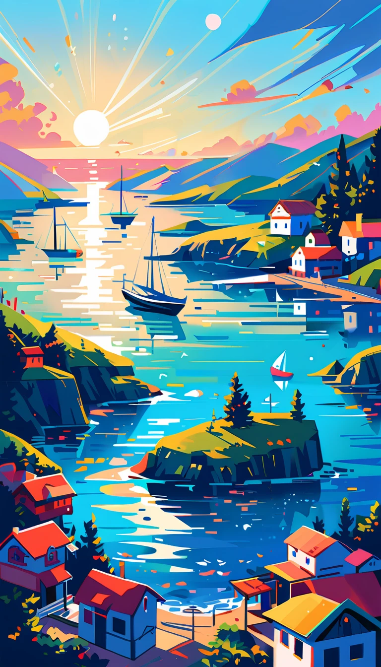 surrealistic painting, blue coast, abstarct, coast, coast houses, yachts, boat, sun, tides