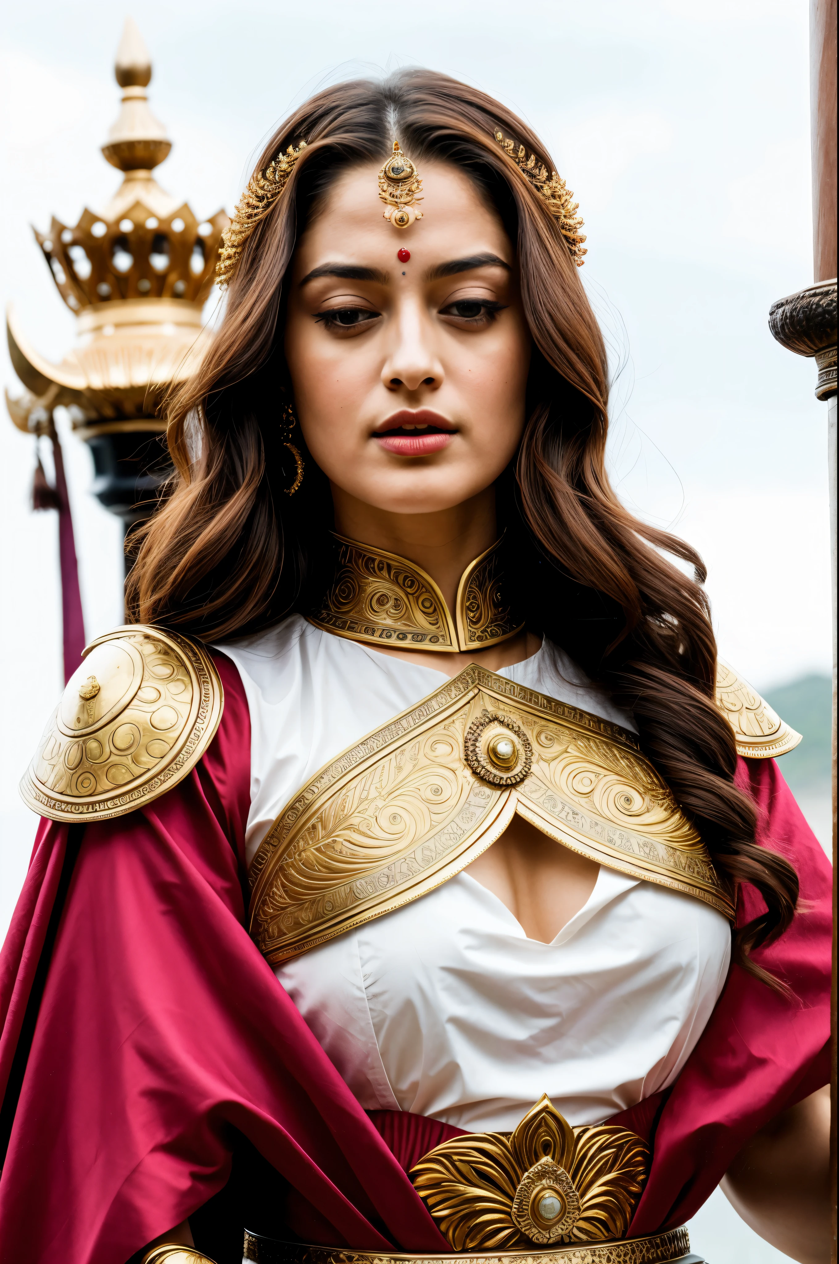 Looks like Sandeepa Dhar, "Design an illustration of a stunning and powerful warrior queen with a regal presence. She should possess a combination of strength and grace. Imagine her in ornate, yet practical armor that complements her figure. The armor should be adorned with intricate details and symbols representing her royal lineage and warrior prowess. Her weapon of choice could be a unique and elegant sword or a mythical weapon that reflects her status as a formidable leader.
Her facial features should exude confidence and determination, with piercing eyes that convey both fierceness and wisdom. The queen's hair, whether long or short, should flow dynamically, hinting at her movement in battle. Consider incorporating elements that emphasize her connection to nature or a mythical realm, such as ethereal backgrounds, symbolic animals, or mystical symbols.
Pay attention to the color palette; use rich, bold colors that enhance her royal aura. Experiment with lighting to highlight specific details and create a sense of drama. Ensure that her posture and expression capture the essence of a queen who commands respect and admiration. Feel free to draw inspiration from historical warrior queens or fictional characters, blending elements to create a unique and captivating image."
