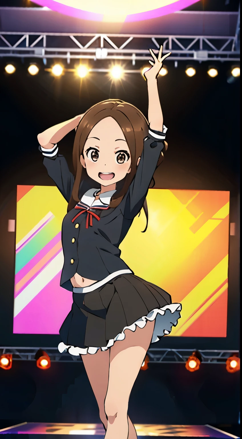 (Realistic),(Realistic),Takagi_Mr. Miss., Height 155 cm,One Girl, Long Hair,Brown Hair, Parted bangs, Brown eyes, ((Idol Cosplay)),Black blouse with white frills,Short black skirt with white ruffles,(Provocative smile), whole body, ((dance)),Extremely exciting,highest quality, (colorful), Ray Tracing,Highly detailed CG Unity 8k wallpaper,((The background is on the stage of a live house,たくMr. Miss.のステージ照明, fantastic)).