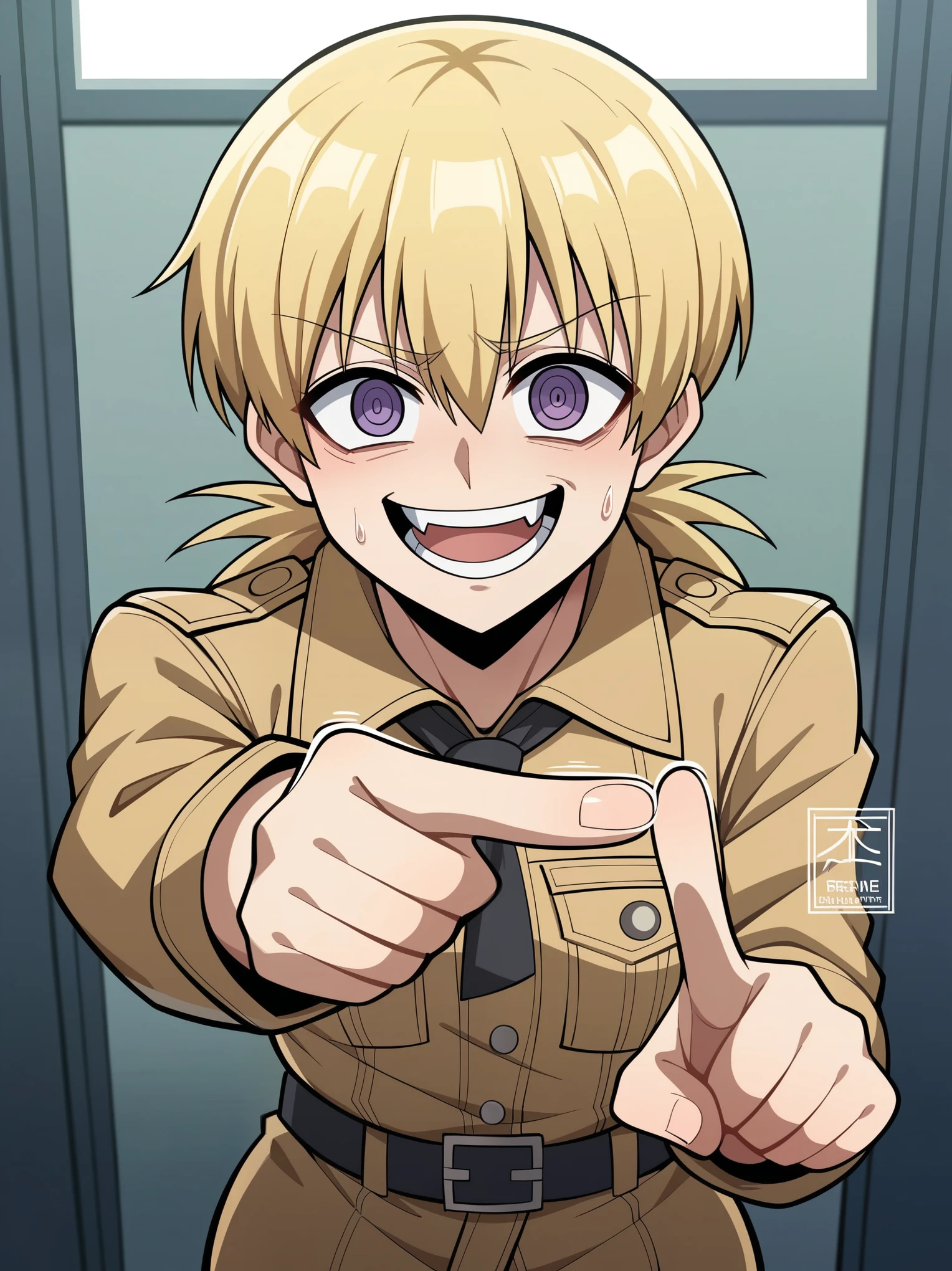 a result_9, a result_8_higher, a result_7_higher, a result_6_higher, a result_5_higher, a result_4_higher, source_Anime, break, It will be Victoria, Hellsing, Looking at the viewer, Pointing at viewer, Pointing, Holding a laugh, giggle,, face closehigher, closehigher,  Pointing at viewer, Humiliation, Blonde hair, dark Blonde hair, Inside, fort, Purple eyes, shy, arrogant 