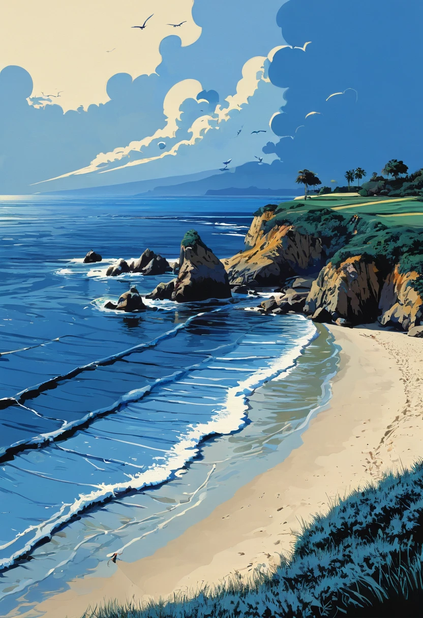 Blue Coast, beach, by Bill_Brauer, best quality, masterpiece, very aesthetic, perfect composition, intricate details, ultra-detailed