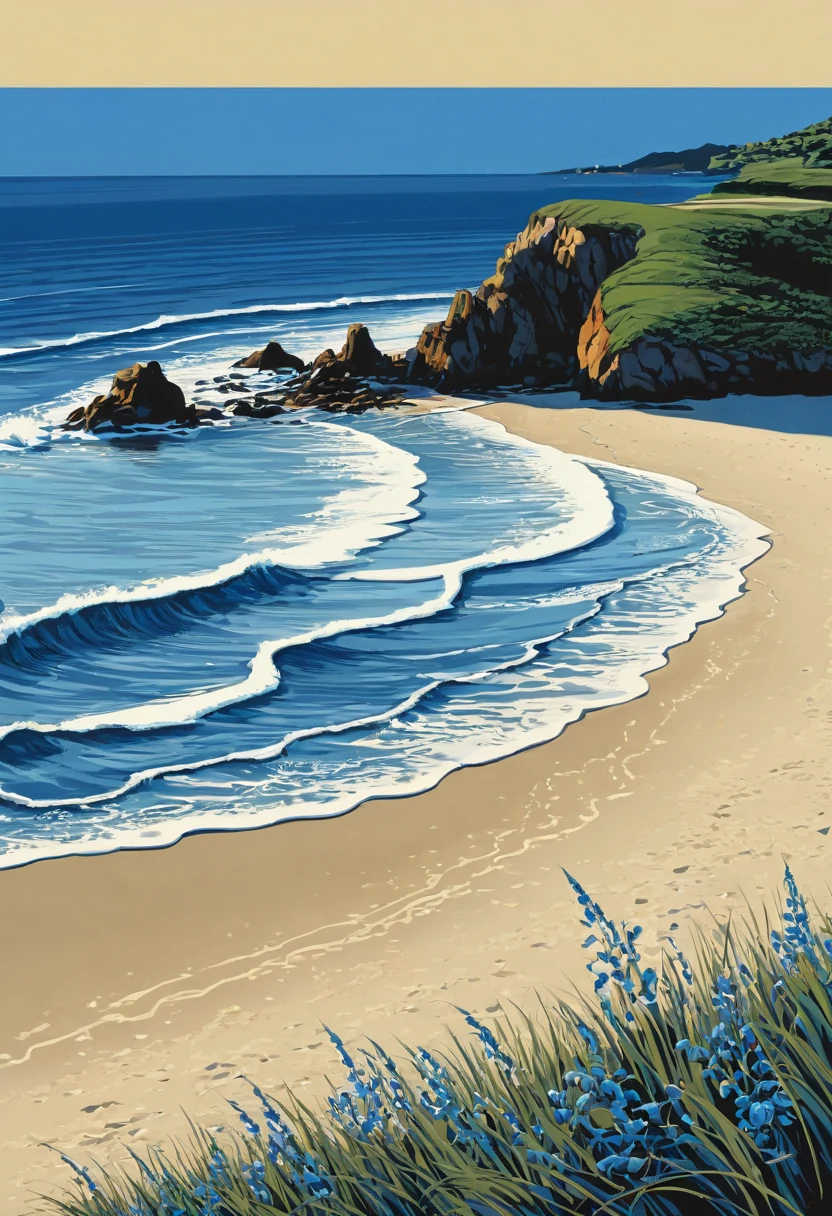 Blue Coast, beach, by Bill_Brauer, best quality, masterpiece, very aesthetic, perfect composition, intricate details, ultra-detailed
