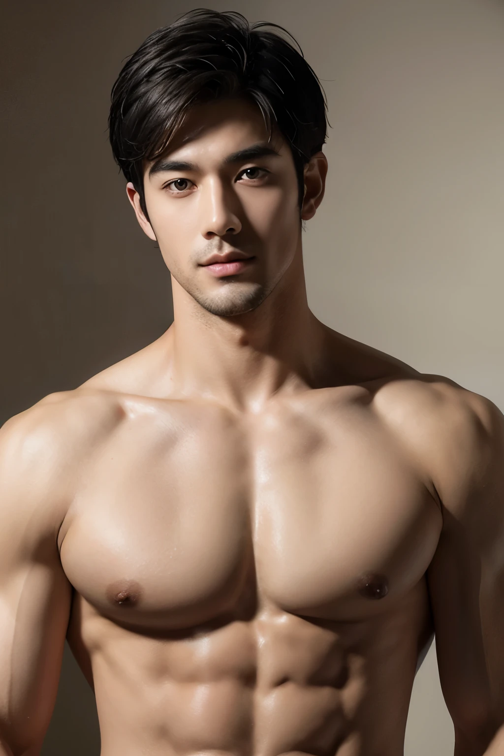 short detailed hair，Naked upper body，musculature，Black hair，serius face，Handsome boys，