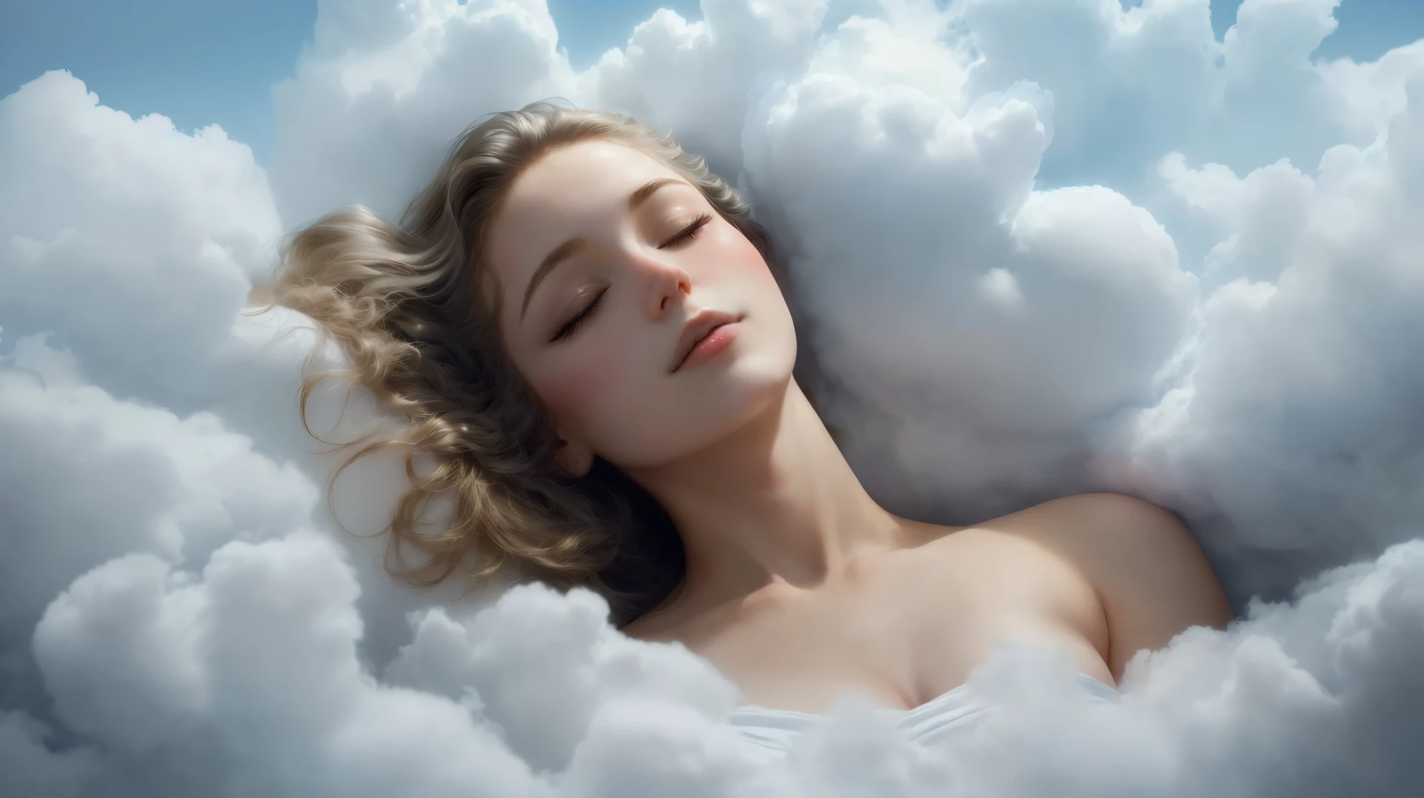 arafed woman laying in a cloud of white clouds, lie on white clouds fairyland, cloud goddess, girl clouds, Lucid Dreaminging, dream heavenly cloudy sky, dreaming of kissing a girl, dreaming face, goddess of sleep, dreamy clouds, wake initiated Lucid Dreaming, cloud, in a cloud, face made out of clouds, She is very happy, Lucid Dreaming