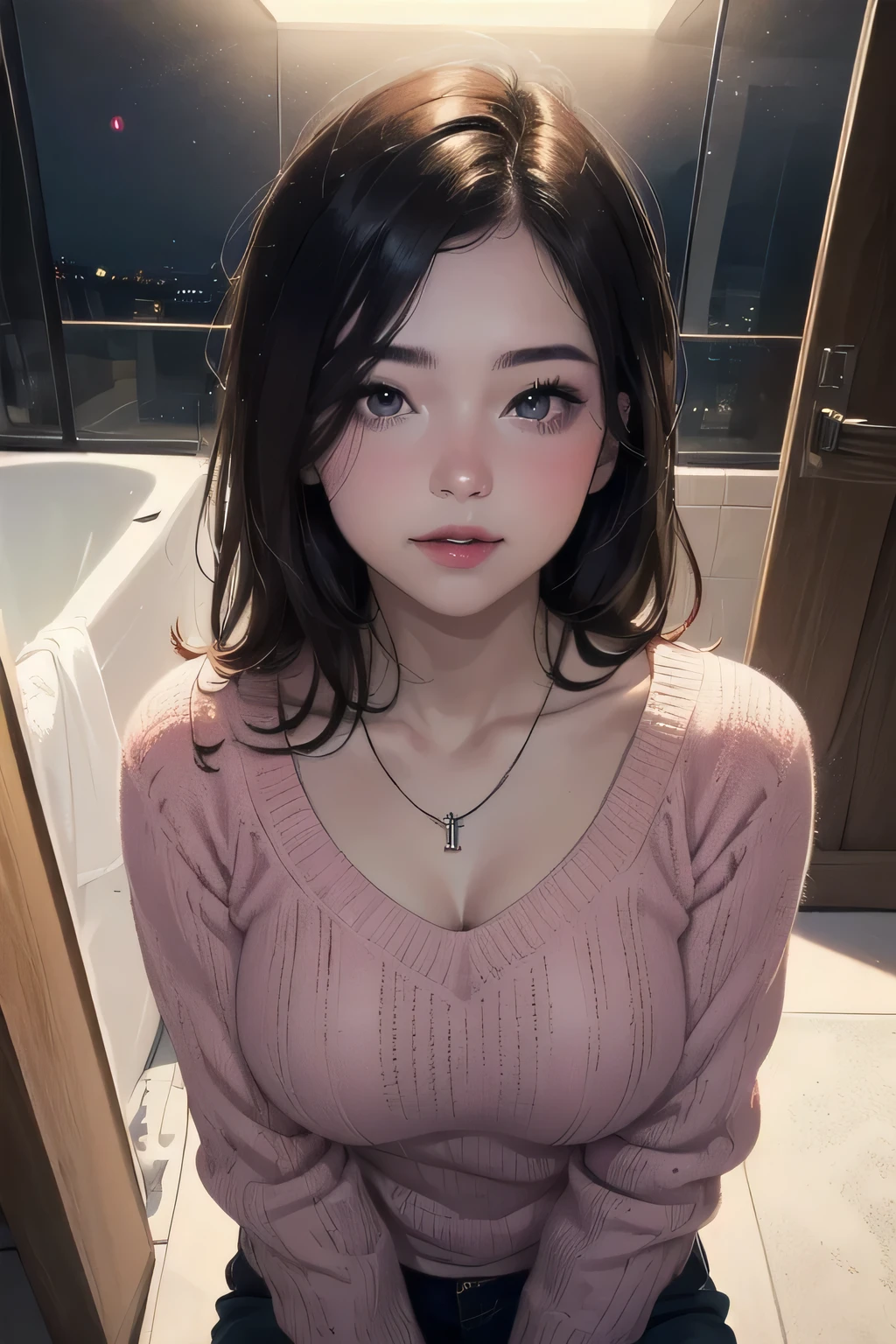 ((Night, Realistic Light, Best Quality, 8K, Masterpiece: 1.3)), 1girl, Slim Beauty: 1.4, (Brown hair, Medium breasts: 1.3), Long pink sweater: 1.1, Bathroom, Super fine face, Delicate eyes, Double eyelids, smile, necklace