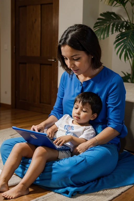 fundo azul, mother using laptop with son on her lap
