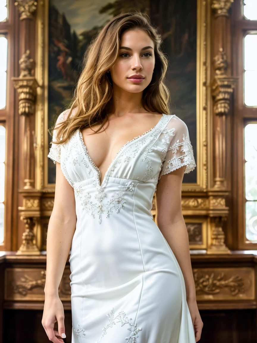 ((best quality)), ((detailed)), ((masterpiece)), Extraordinary, Vibrant, Mind-blowing, Woman, Caucasian, European descent, White/Caucasian, Photograph, Photo, Picture, Beautifully lit, Radiant illumination, Stunning light, Exquisitely lit, 35mm, Wide angle, Wide-angle lens,dress