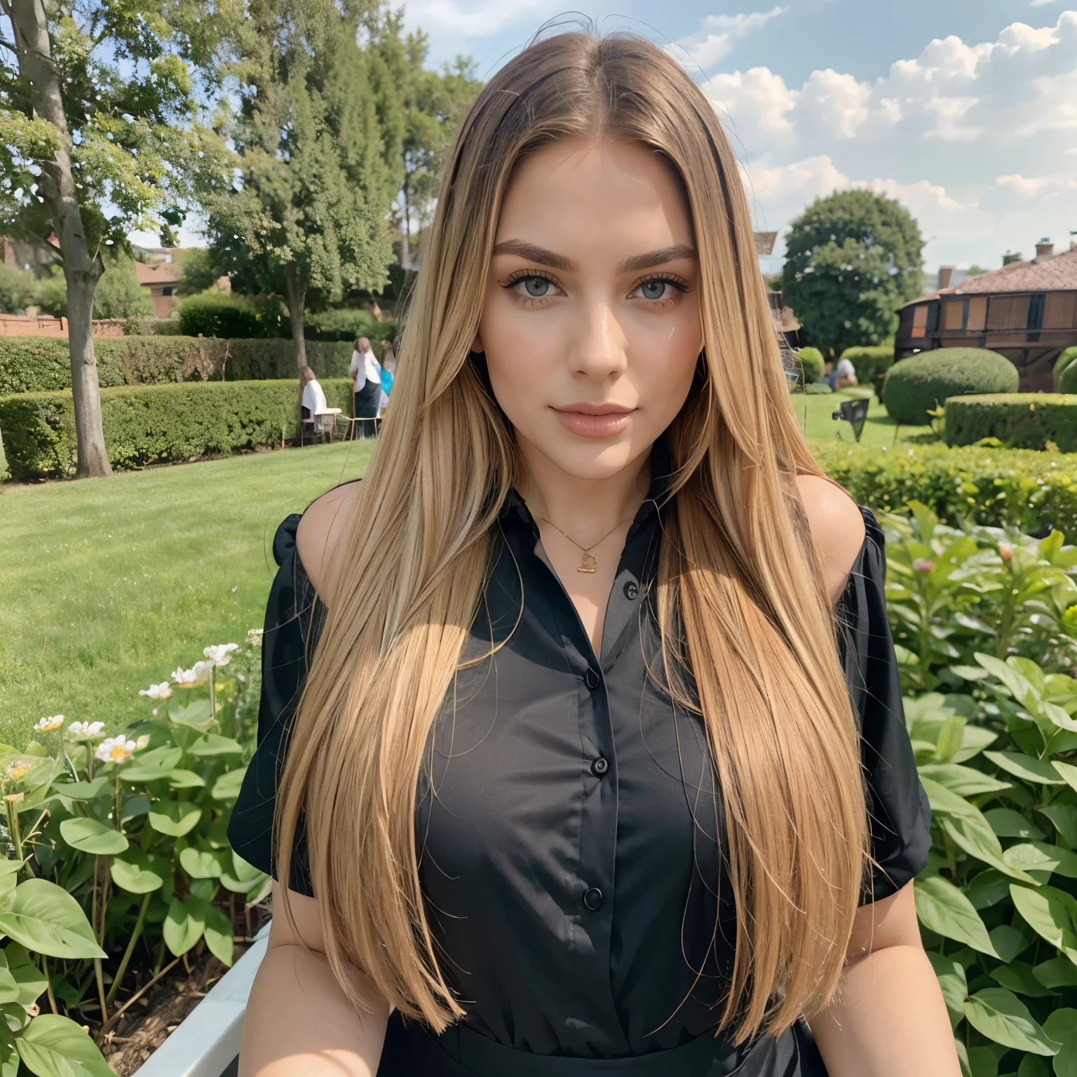 23-year-old Russian blonde girl.. ((big breasts)), ((hyperrealism)) blonde hair with light brown roots. blonde hair, brown-rooted hair, very long hair, very long hair, very long hair, beautiful, foreground, selfie, photo taken on iPhone, elegant black shirt with ascot, woofer, selfie in the garden, high quality, iPhone selfie, cleavage