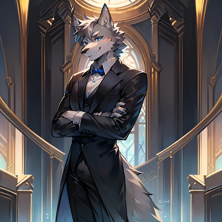 personal,Gray Wolf,male,Blue Eyes,elegant,strong,wear a suit,Smile