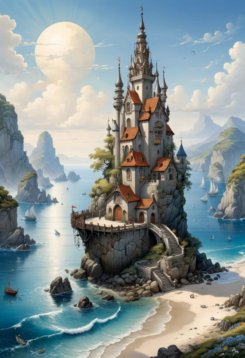 Blue Coast, (masterpiece, best quality, Professional, perfect composition, very aesthetic, absurdres, ultra-detailed, intricate details:1.3), by Anton Pieck