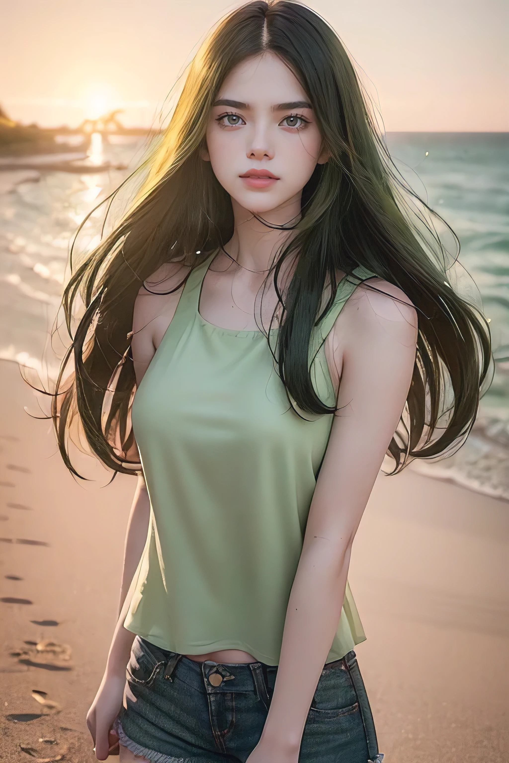 (freckles),(pretty face),(detailed face),(cute face),(DOF:1.5), full body shot, smiling:1.5 strong black hair, glossy hair, (straight hair:1.5), (((green eyes))), blushed:1.5, charm, pink lipstick, floating, top quality, best quality, 8k, 16k, (((pink top tank, white jeans shorts))), (((outdoors at beach))), (((strong wind))), modeling poses, (((add green color to the light and create a specific mood or atmosphere))),((lens flares)), (((deep shadow, dark theme))), side illumination, more_details:1.5, sunset
