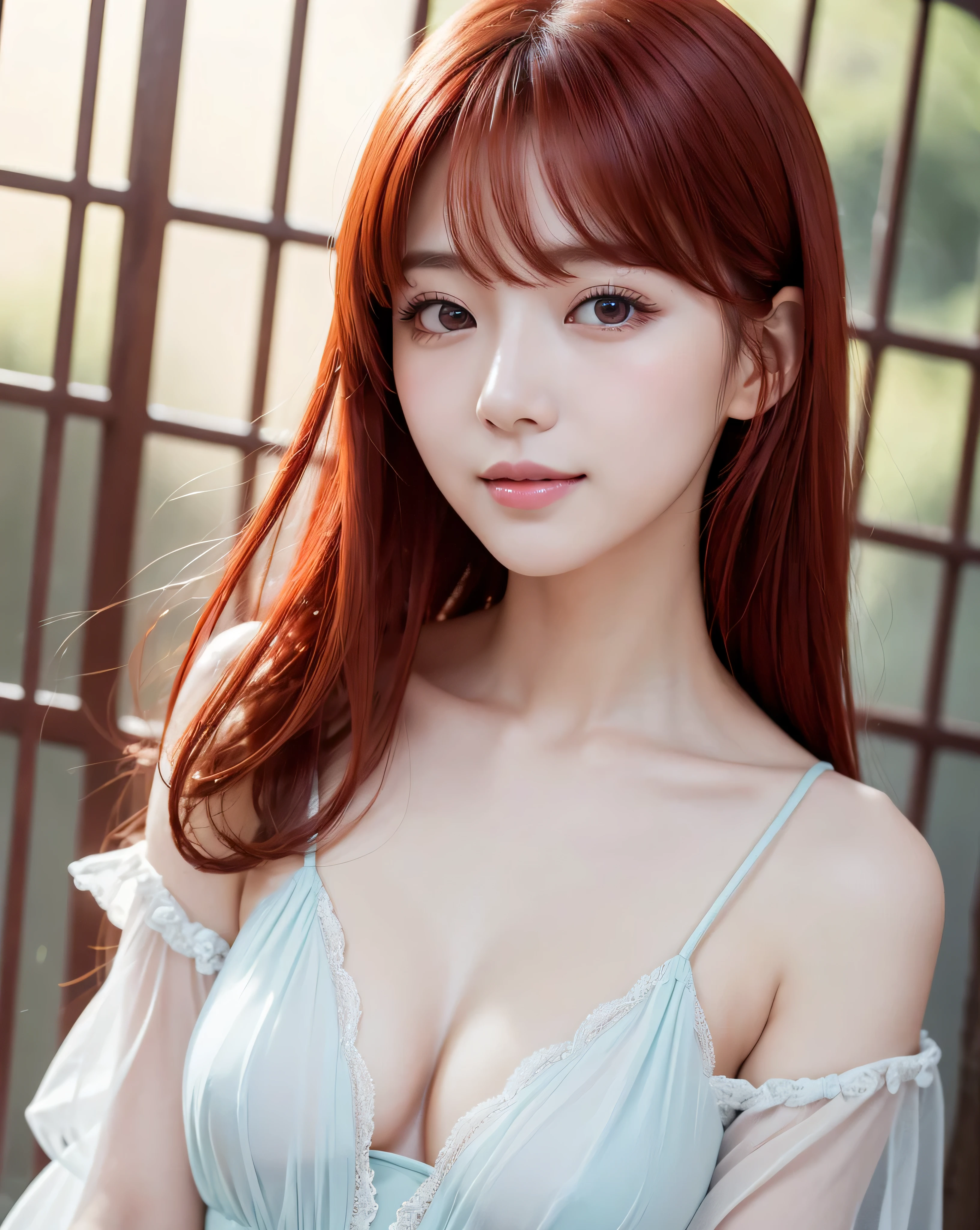 (highest quality, 32k, High resolution, masterpiece:1.5, ), A haunting fantasy photograph in abstract style, In a swirl of fantastic pastel colors and soft light, Evoking a soothing tranquility and elusive beauty, Expressing emotions, Have a rich imagination, Cute Japanese Girls, An exceptionally beautiful face, whole body, Perfect Human Anatomy, Magical big eyes, A kind smile, motherhood and tolerance, ((Shiny Red Hair)), Beautifully styled thin and delicate medium length hair, Beautiful asymmetrical bangs, Hair between the eyes, Transparent and soft white skin, Neat, thin eyebrows, double eyelid, Pale pink lips, ((Red see-through transparent camisole,)), High resolution perfect clavicle, Beautiful chest in high resolution, Slender body with ample breasts, High resolutionの美しい太もも, Soft sunlight, Professional Lighting, Professional Photographer, Professional Model,mysterious
