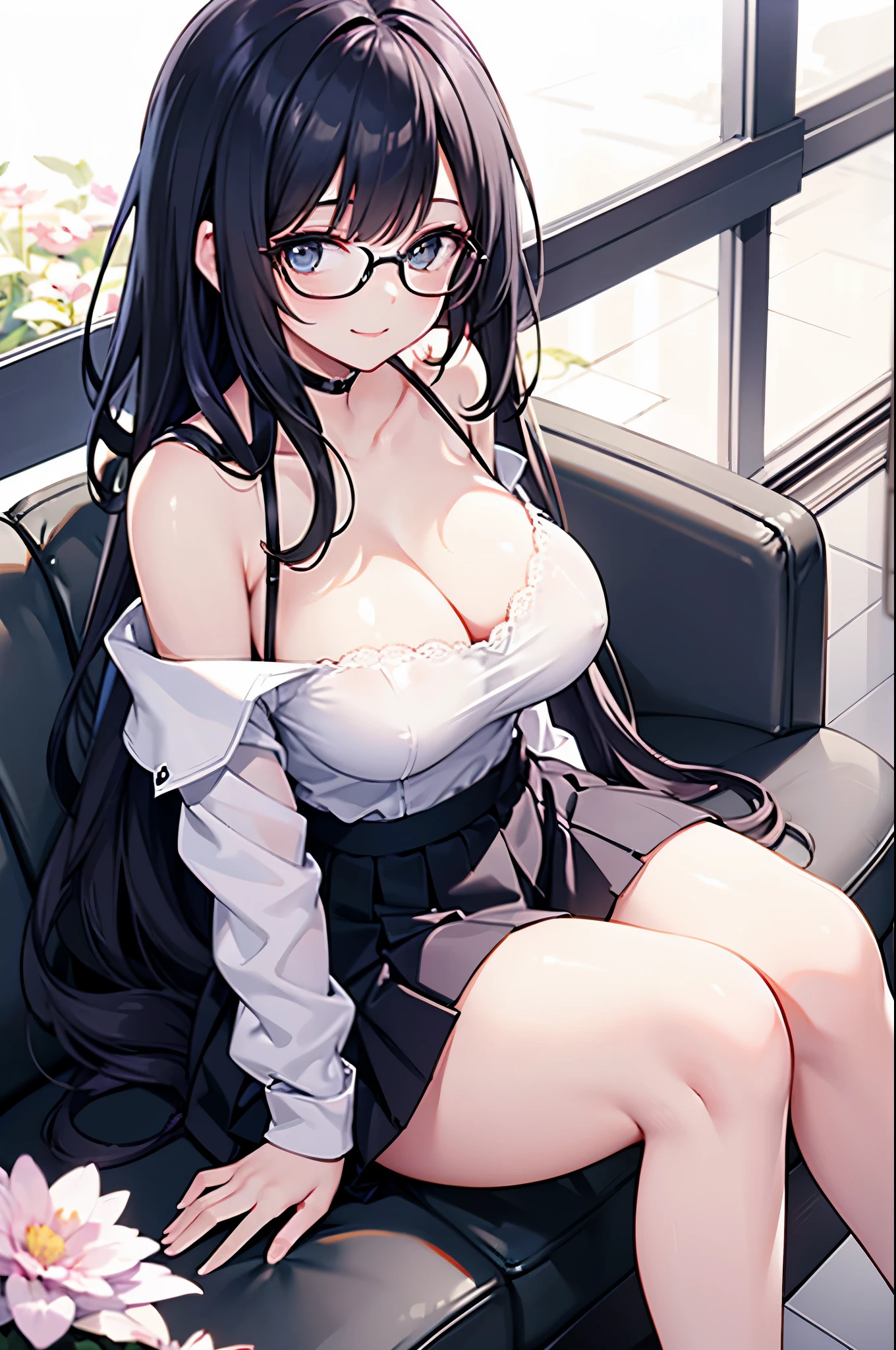 Detailed image, realistic image, coherent image. 1 girl. She has long hair, her hair is black. Her eyes are blue, she wears glasses. She is smiling happily. She has a curvy body, large breasts, wide hips and thick thighs. She is wearing an off-shoulder top, pleated mini skirt. She is sitting on her knees with her legs spread. Background of a school, surrounded by flowers. View from below. Natural lighting, volumetric lighting, realistic shadows,
