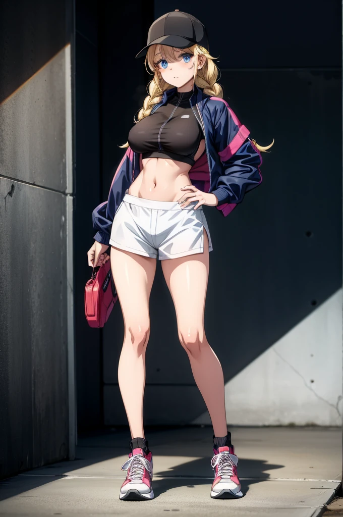 a female character in a sports bra and long skirt is posed for the camera, 1girl, solo, braid, blue eyes, hat, blonde hair, long hair, black bodysuit, breasts, bodysuit, twin braids, baseball cap, full body, looking at viewer, black headwear, sneakers, shoes, covered navel, skin tight, jacket, large breasts