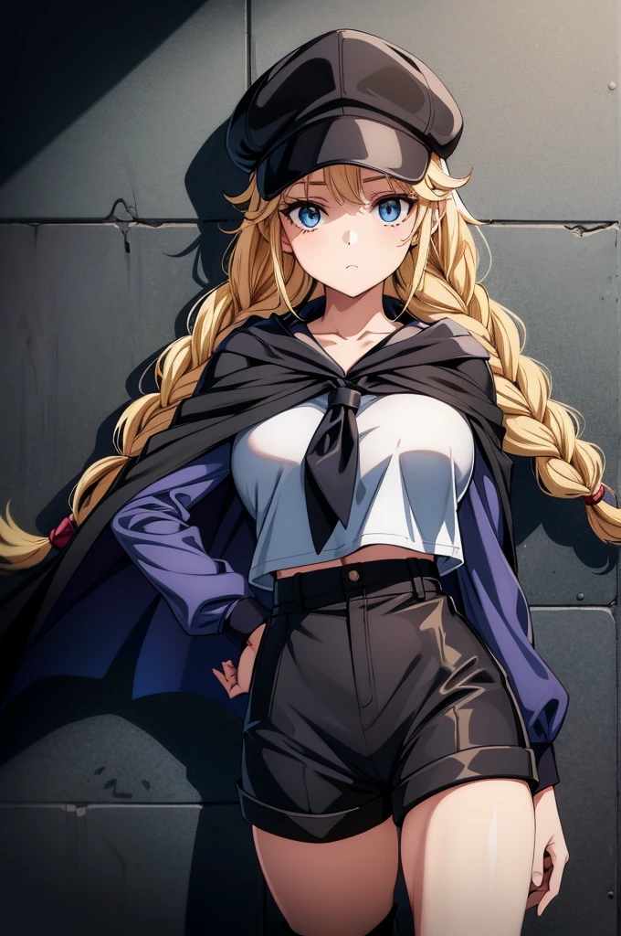 a young girl next to a wall with a hat and a cape, 1girl, solo, blonde hair, long hair, hat, blue eyes, twin braids, pantyhose, shorts, braid, black shorts, breasts, looking at viewer, long sleeves, baseball cap, shirt, black headwear, neckerchief, large breasts, sailor collar, black pantyhose