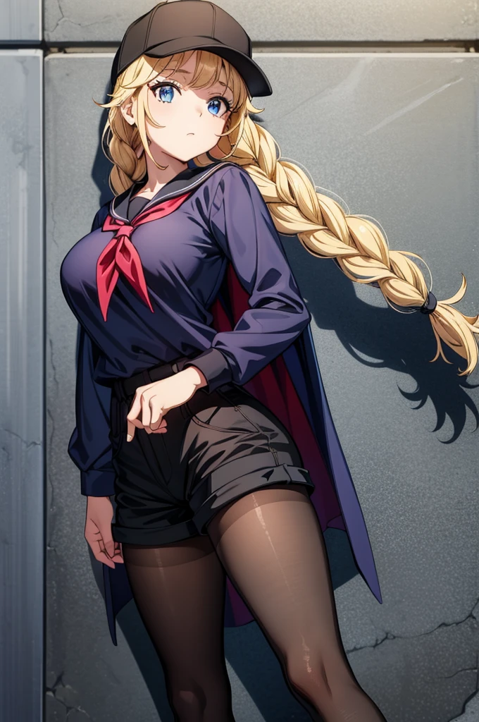 a young girl next to a wall with a hat and a cape, 1girl, solo, blonde hair, long hair, hat, blue eyes, twin braids, pantyhose, shorts, braid, black shorts, breasts, looking at viewer, long sleeves, baseball cap, shirt, black headwear, neckerchief, large breasts, sailor collar, black pantyhose