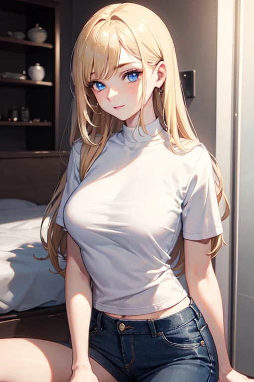 Create a photo of a realistic blonde young woman (The length reaches her shoulders), Blue eyes and large. She was wearing a white T-shirt, crewneck, Long and short sleeves, no brassiere, She also wears a monochrome black cotton miniskirt. She climbed out of the pool, dripping wet. The T-shirt clings to her body,A bit transparent. full bodyesbian, wide - angle shot.