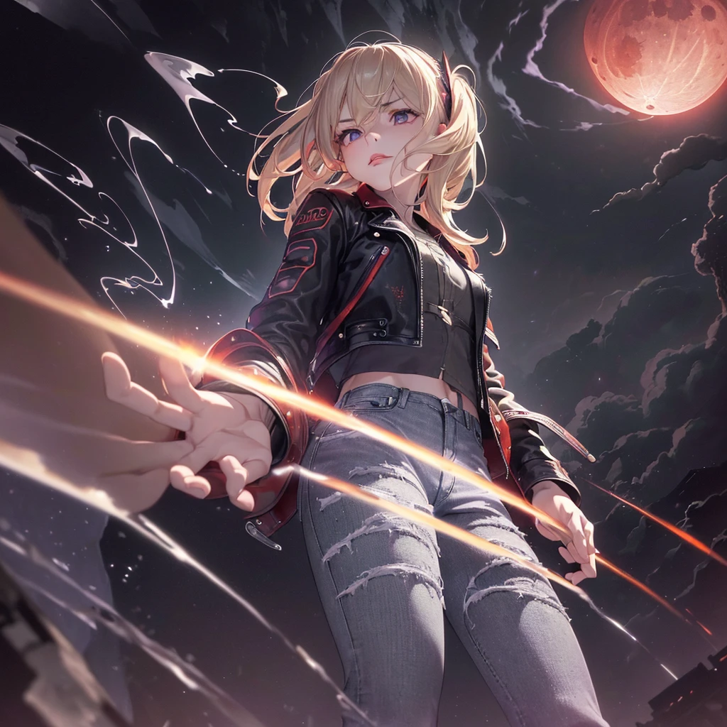 bangs, blonde hair, sidelocks, open jacket, grey eyes, single hair bun,((Lightning and fist Interweave)),((((Serious)))),((((Red Moon)))),(BREAK),(((dutch angle))),((mechanical)),(((black,purple))),(eddy:1.8),(black smoke:1.8),(((Science fiction))),(((ruins))),((((From below)))),((diffraction of light)), ((tyndall effect)), (leather jacket:1.3), (White Shirt:1.3), (jeans:1.3), (((pale red lip))), (((fuller lips))), (beeline:1.3), (sense of depth:1.3), ((highest quality)), ((32K)), ((HDR)), ((Ultra-high resolution)), ((RAW)), ((Realism)), ((masterpiece)), (Intricate details), (Delicate and beautiful details), Detailed eyes, Detailed facial features, eyes, glossy lips, ((((madeon)))), ((perfect anatomy)), gleaming skin, (best illuminate), (cinematic shadows)