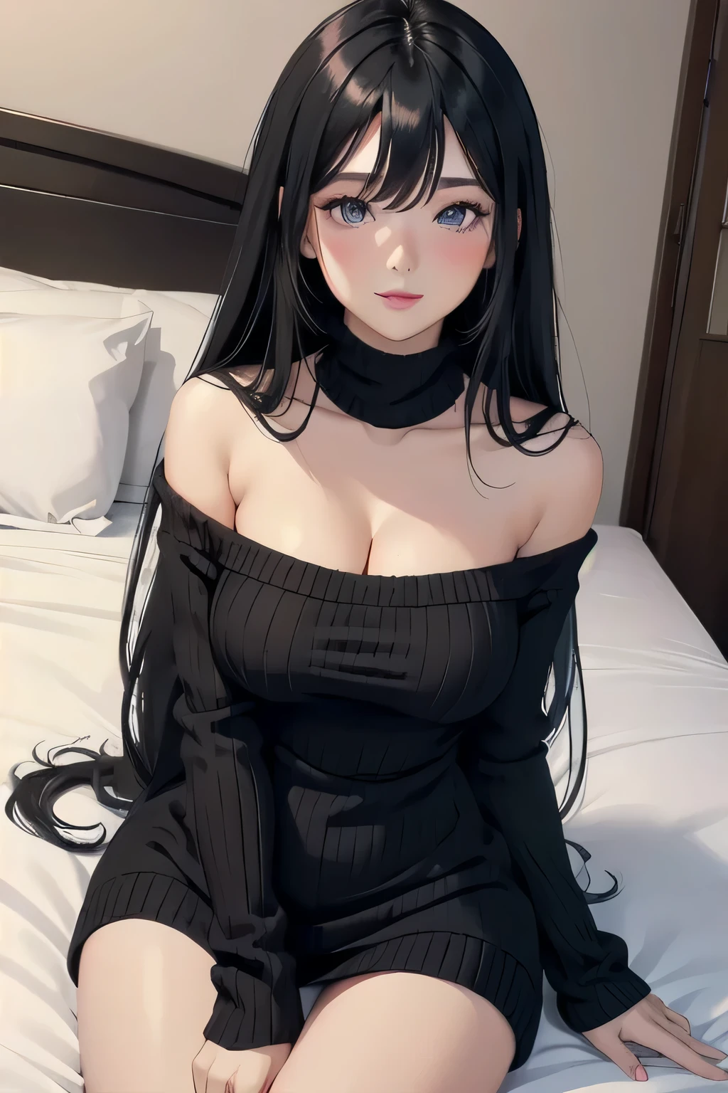 Sexy woman, long black luscious hair, seductive gaze and smile, blushing intensely, perfect body, black and white knitted off shoulder dress, medium chest, cleavage, sitting on bed
