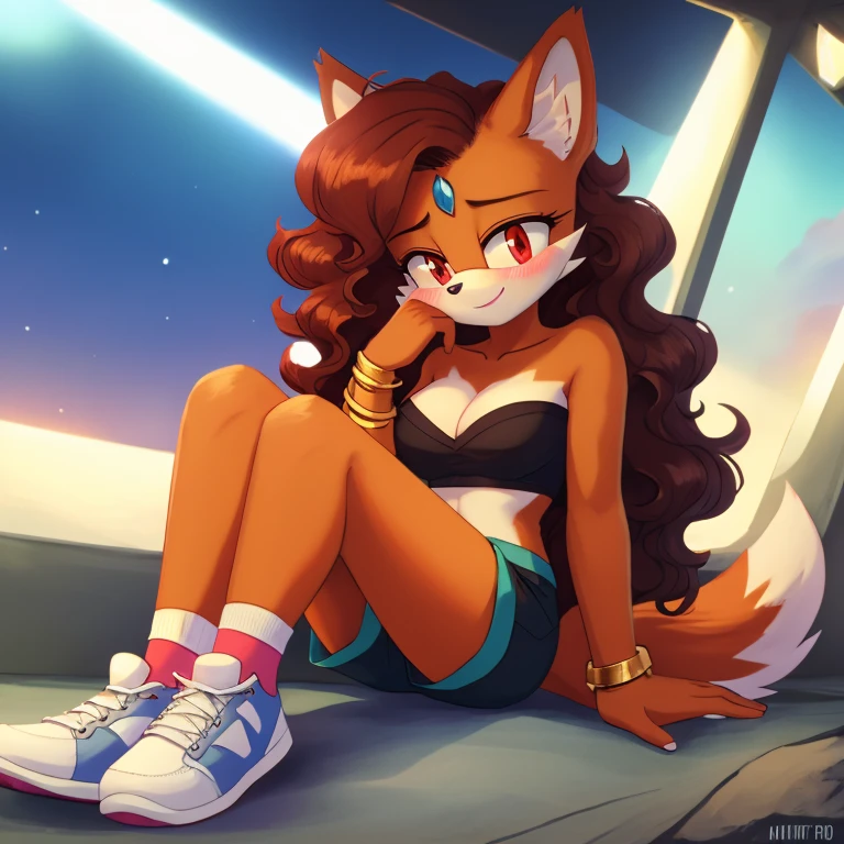 mobian, hedgehog, two-tone fur ((orange fur, brown fur)), pyjama elastic shorts, strapless crop top, cleavage, high-top sneakers, two-tone hair (brown hair, black tip)), curly hair, halo, sunglasses, jewelry, red eyes, longeyelashes, red eyes, smile, shy, blush, high detail, masterpiece, UHD, anatomically correct, super detail, highres, 4K