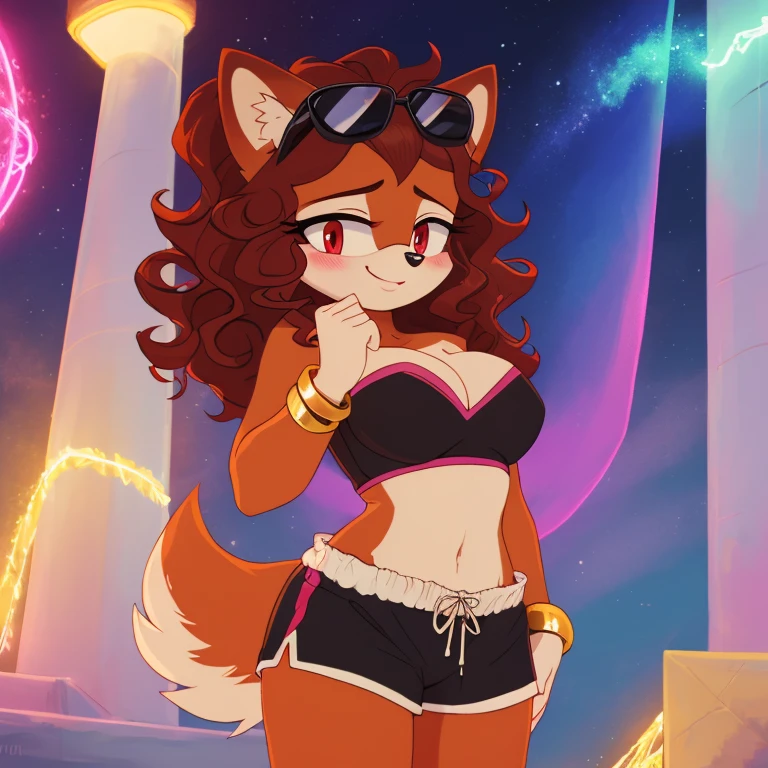 mobian, hedgehog, two-tone fur ((orange fur, brown fur)), pyjama elastic shorts, strapless crop top, cleavage, high-top sneakers, two-tone hair (brown hair, black tip)), curly hair, halo, sunglasses, jewelry, red eyes, longeyelashes, red eyes, smile, shy, blush, high detail, masterpiece, UHD, anatomically correct, super detail, highres, 4K