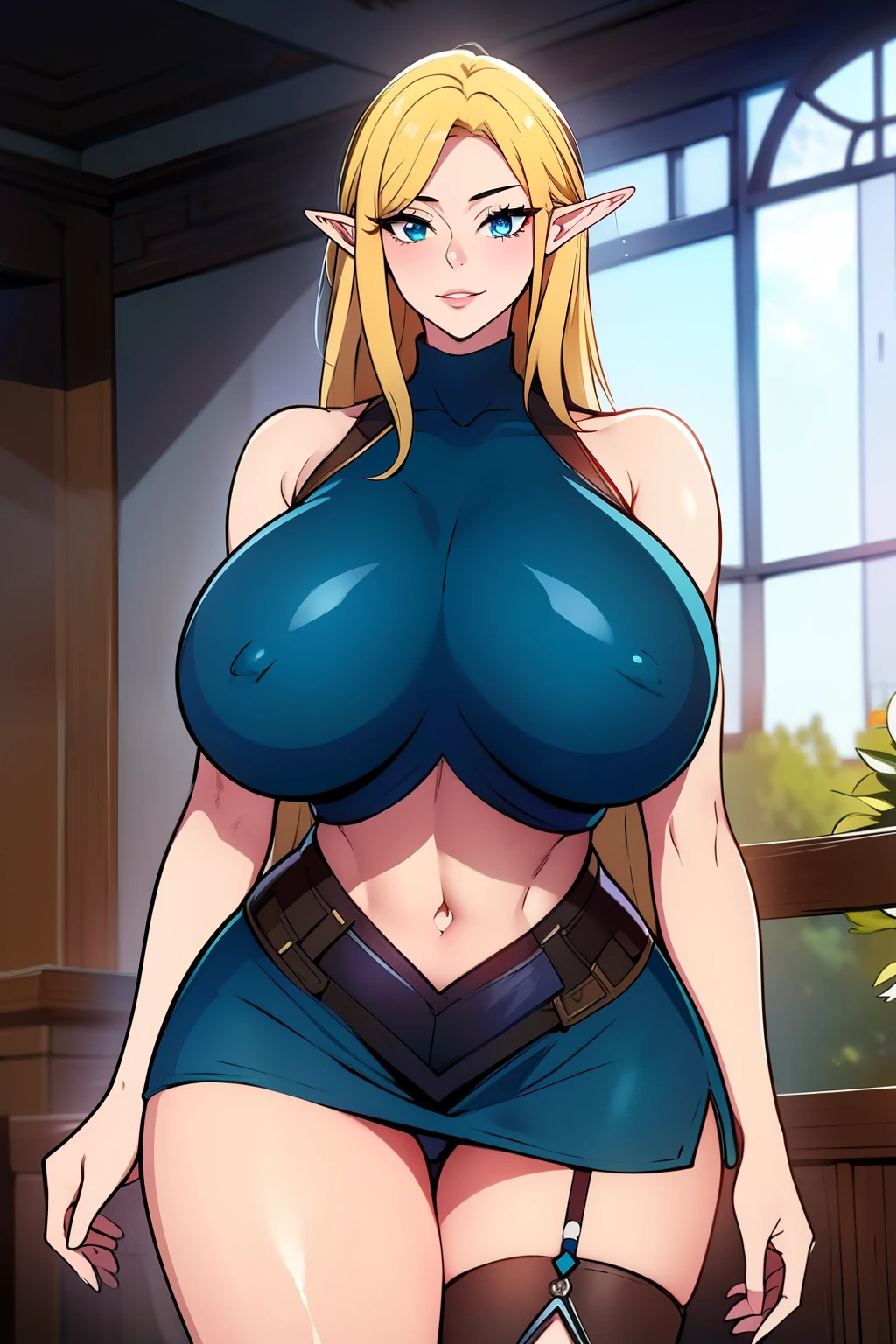 An anime-style artwork depicting ruan mei from the game Honkai star rail.

Tags: ruan mei, anime, detailed eyes, detailed lips, crop top, turtleneck,   miniskirt, smiling expression, intense gaze, glowing emblem on hand, dynamic pose, indoor, palace, vibrant colors, digital art, high-resolution, professional quality, gigantic breasts, (underboob : 1.4), curvy, cowboy shot, (gigantic breasts: 1.4), (blue eyes: 1.4), (blonde hair: 1.4), (long elf ears:1.1)