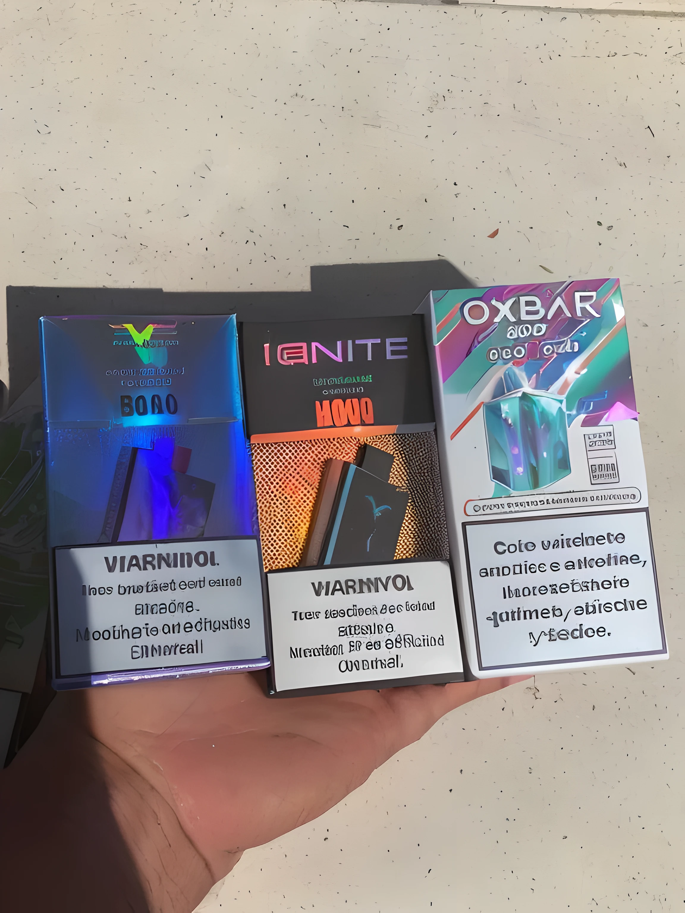 there are three cigarettes in a box on a table, infused with lightning, infundido com aurora boreal, vapor azul e roxo, vapor colorido, cores vibrantes, Cigarrette boxes at the table, with dark ghosts smoking around, with labels. alta qualidade, Reinforcement flames, # oc, #oc, por Robbie Trevino, neon smoke, iridescent smoke behind