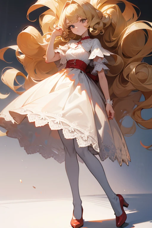 , blonde, Short curls, serious face, voluminous white lace dress, red necklace, full height, tights, Bashma.
