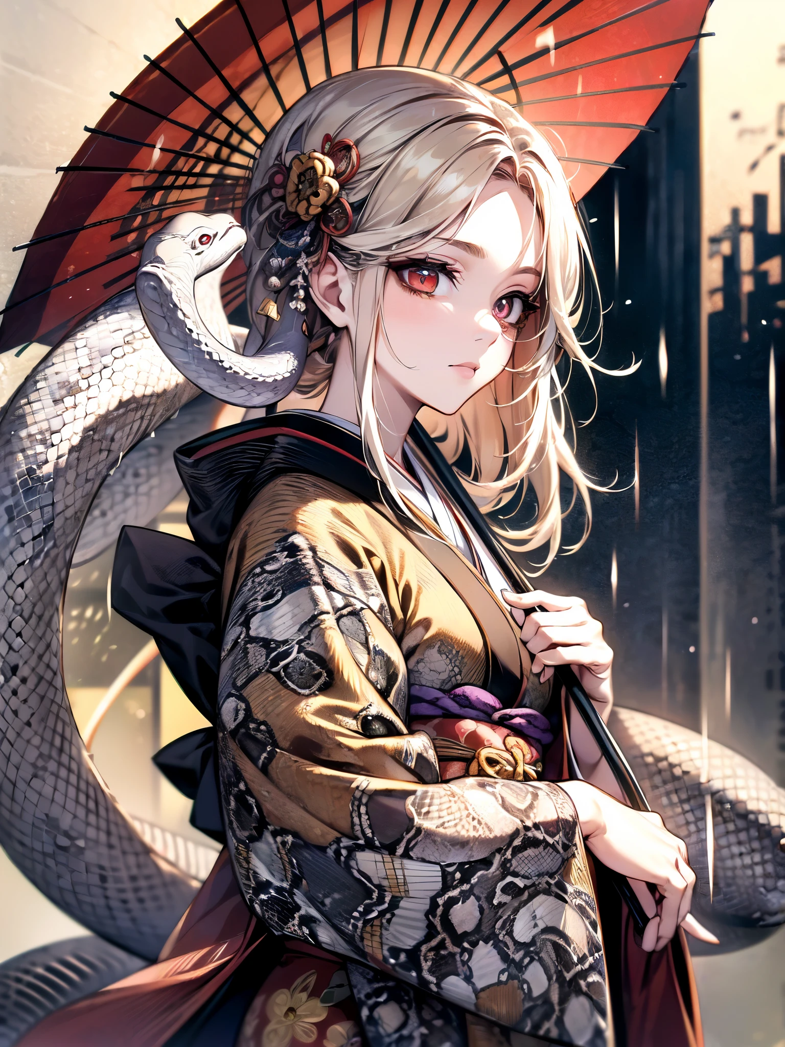 ((highest quality)),(Ultra-high resolution),(Very detailed),(Detailed Description),((The best CG)),(A masterpiece),Ultra-precise art,amazing drawing art,(Japanese art with intricate detail:1.5), (woman:1.5),(Beautiful and well-proportioned face:1.5),(Kimono with intricate and detailed design:1.5),(Snake eye umbrella:1.7),Beautiful woman looking back:1.3, Rainy weather:1.4