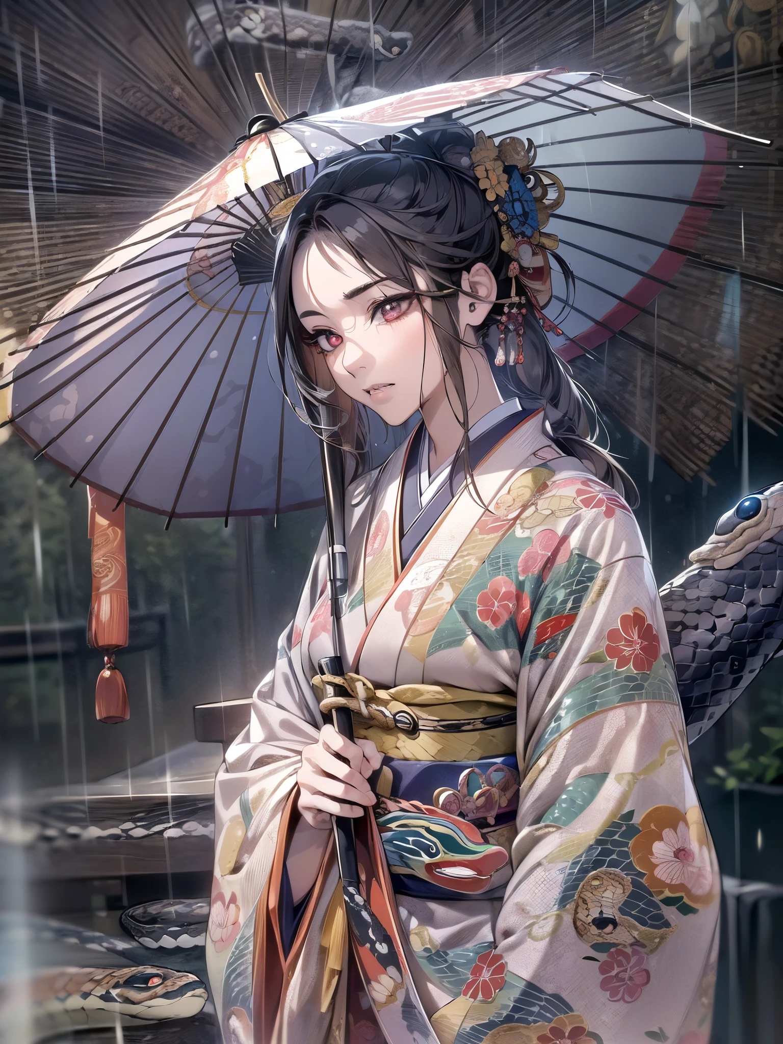((highest quality)),(Ultra-high resolution),(Very detailed),(Detailed Description),((The best CG)),(A masterpiece),Ultra-precise art,amazing drawing art,(Japanese art with intricate detail:1.5), (woman:1.5),(Beautiful and well-proportioned face:1.5),(Kimono with intricate and detailed design:1.5),(Snake eye umbrella:1.7),Beautiful woman looking back:1.3, Rainy weather:1.4