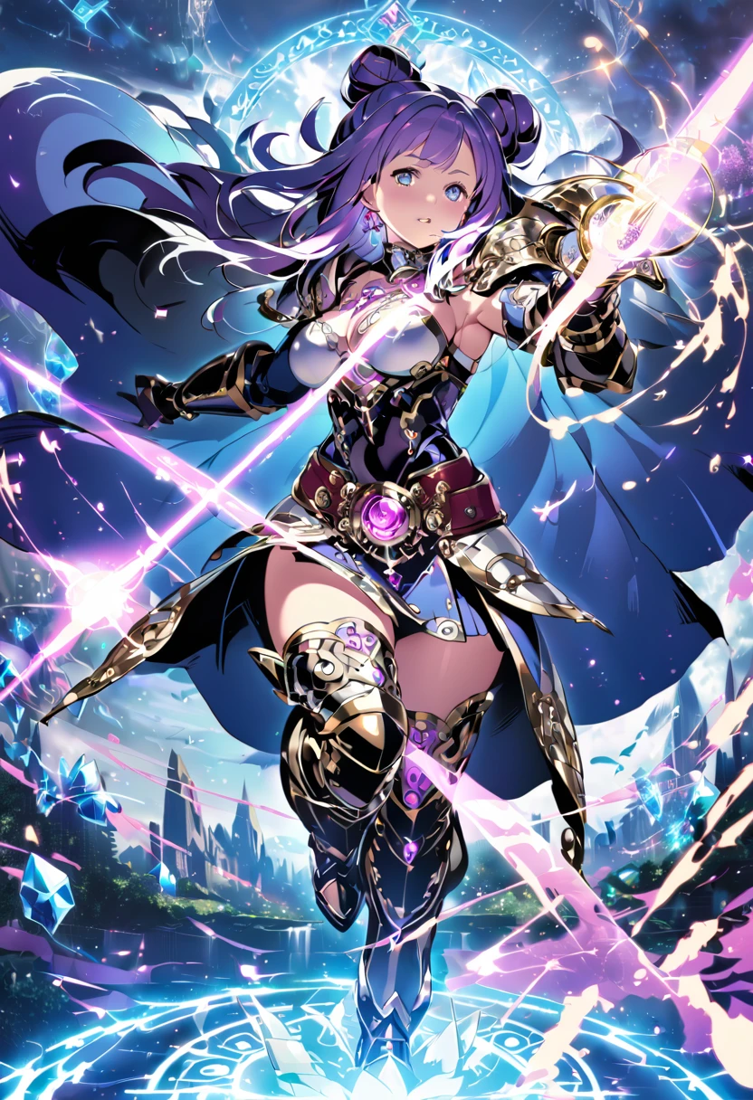 8k_wallpaper, extremely detailed eyes, extremely detailed body, (large masterpiece digital art), (detailed manga illustration), (detailed line art), ((perfect anatomy)), (intricate details:1.3), (ultra-detailed:1.3), (illustration:1.3), (sharp focus:1.3), (natural lighting:1.05), (vivid colors:1.3), (masterpiece), best quality, expressive eyes, perfect face, 1 girl, breasts, gloves, large breasts, {blue hair}, medium hair, wavy hair, (gray eyes), hourglass physique, huge ass, dynamic pose, dynamic lighting, fur trim, hair bun, glowing, crystal, delicate\(armor\), armor, full armor, cuisses, shoulder armor, belt, hand guard, boots, glove, particles stream, creationmagic, ethereal creation, Magic Circle, glowing, crystal, jim lee, beautiful esd_woman, hair bun, fur trim, jewelry, crystal, Magic Circle,