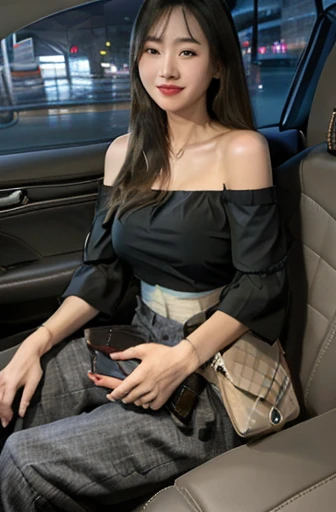 Codriver,blurry, 1girl, sitting,asian,cityscape
grin,(Off-the-shoulder_blouse:1.4),(Wide-leg_cropped_pants:1.3),(Woven_handbag:1.2)