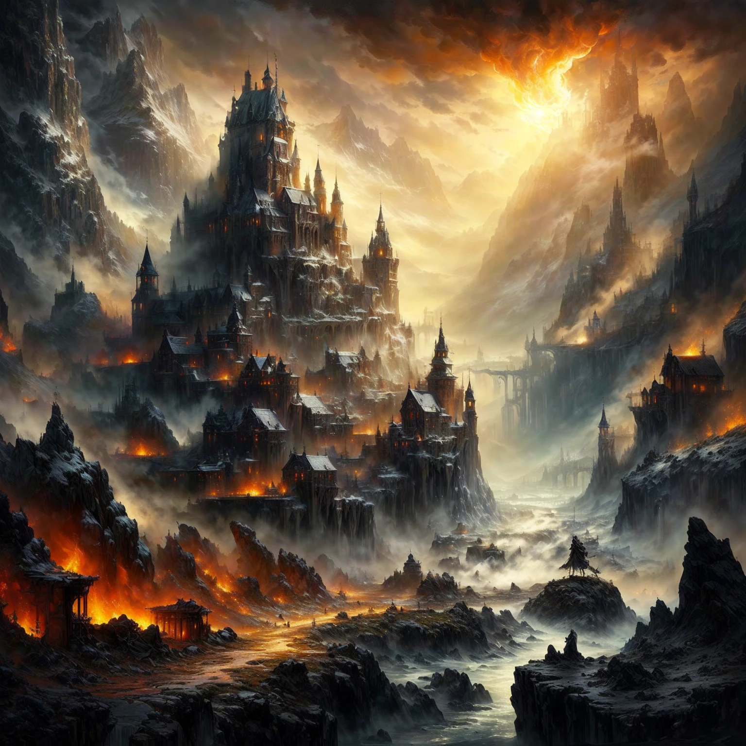 Meisterwerk, best quality, (extrem detailliertes CG Unity 8k-Hintergrundbild), (best quality), (beste Illustration), (bester Schatten), absurdesten, realistische Beleuchtung, (Abgrund), beautiful, detailliertes Leuchten,a painting of a castle in the middle of a mountain, eine antike Stadt in Flammen, episches Fantasy-Kunstwerk, Symmetrische epische Fantasy-Kunst, highly Detaillierte Fantasy-Kunst, epic fantasy painting, Grimdark Matte Fantasy Malerei, detailed matte fantasy painting, Detaillierte Fantasy-Kunst, detaillierte Fantasie digitale Kunst, Höllenlandschaft, Apokalypse Landschaft, dramatische Fantasy-Kunst, beeindruckende Fantasielandschaft, epische Fantasy-Illustration