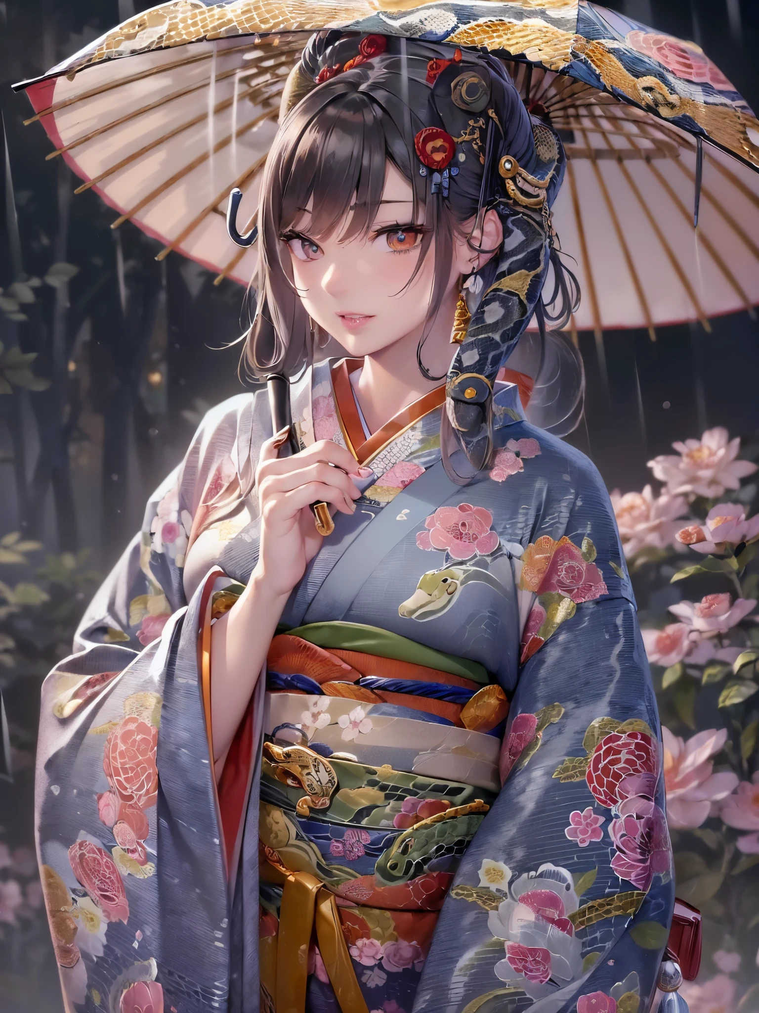 ((highest quality)),(Ultra-high resolution),(Very detailed),(Detailed Description),((The best CG)),(A masterpiece),Ultra-precise art,amazing drawing art,(Japanese art with intricate detail:1.5), (woman:1.5),(Beautiful and well-proportioned face:1.5),(Kimono with intricate and detailed design:1.5),(Snake eye umbrella:1.7),Beautiful woman looking back:1.3, Rainy weather:1.4