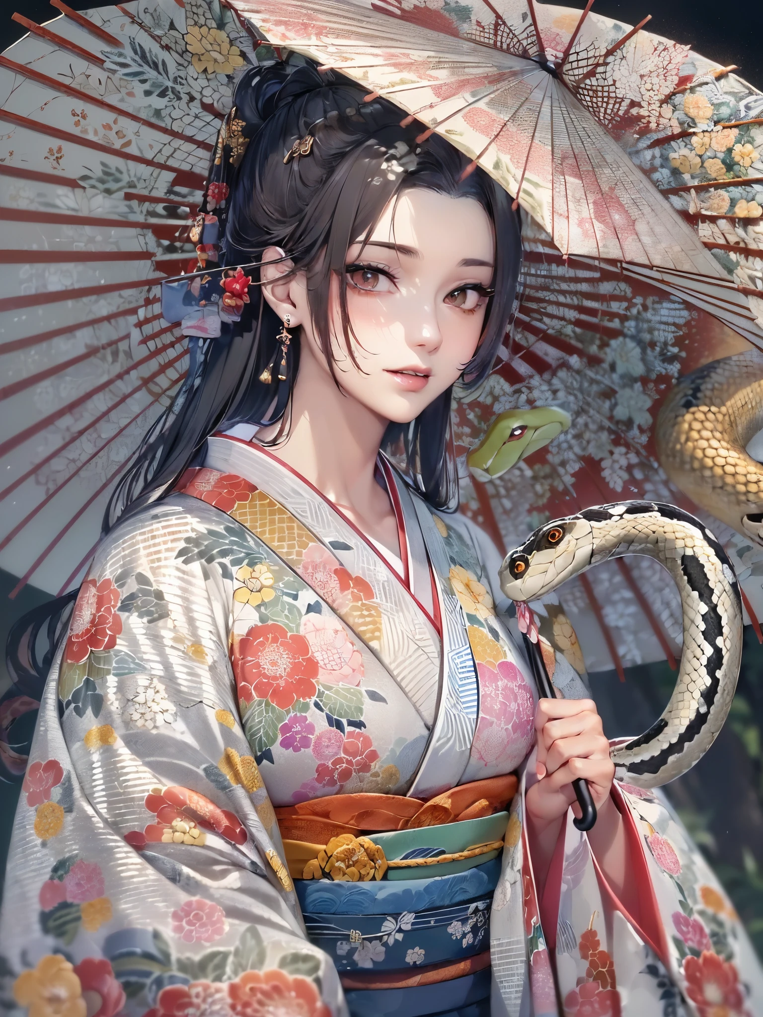 ((highest quality)),(Ultra-high resolution),(Very detailed),(Detailed Description),((The best CG)),(A masterpiece),Ultra-precise art,amazing drawing art,(Japanese art with intricate detail:1.5), (woman:1.5),(Beautiful and well-proportioned face:1.5),(Kimono with intricate and detailed design:1.5),(Snake eye umbrella:1.7),Beautiful woman looking back:1.3, Rainy weather:1.4