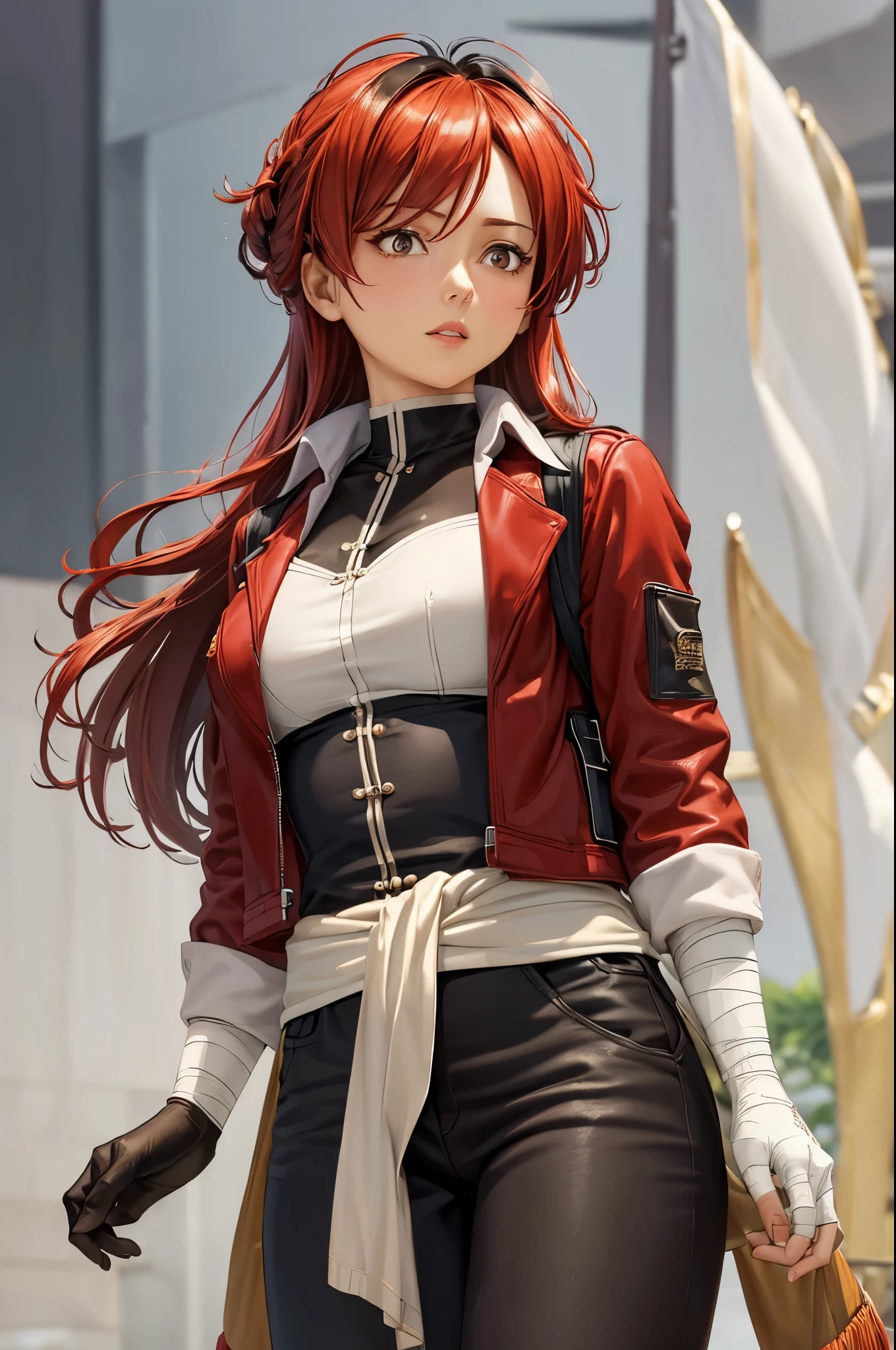 (masterpiece, best quality:1.2), expressive eyes, perfect face, highres, 1girl, solo, (female:1.5), StarkFrieren, red jacket, black shirt, white sash, black pants, bandages, gloves, standing, cowboy shot, looking at the viewer
