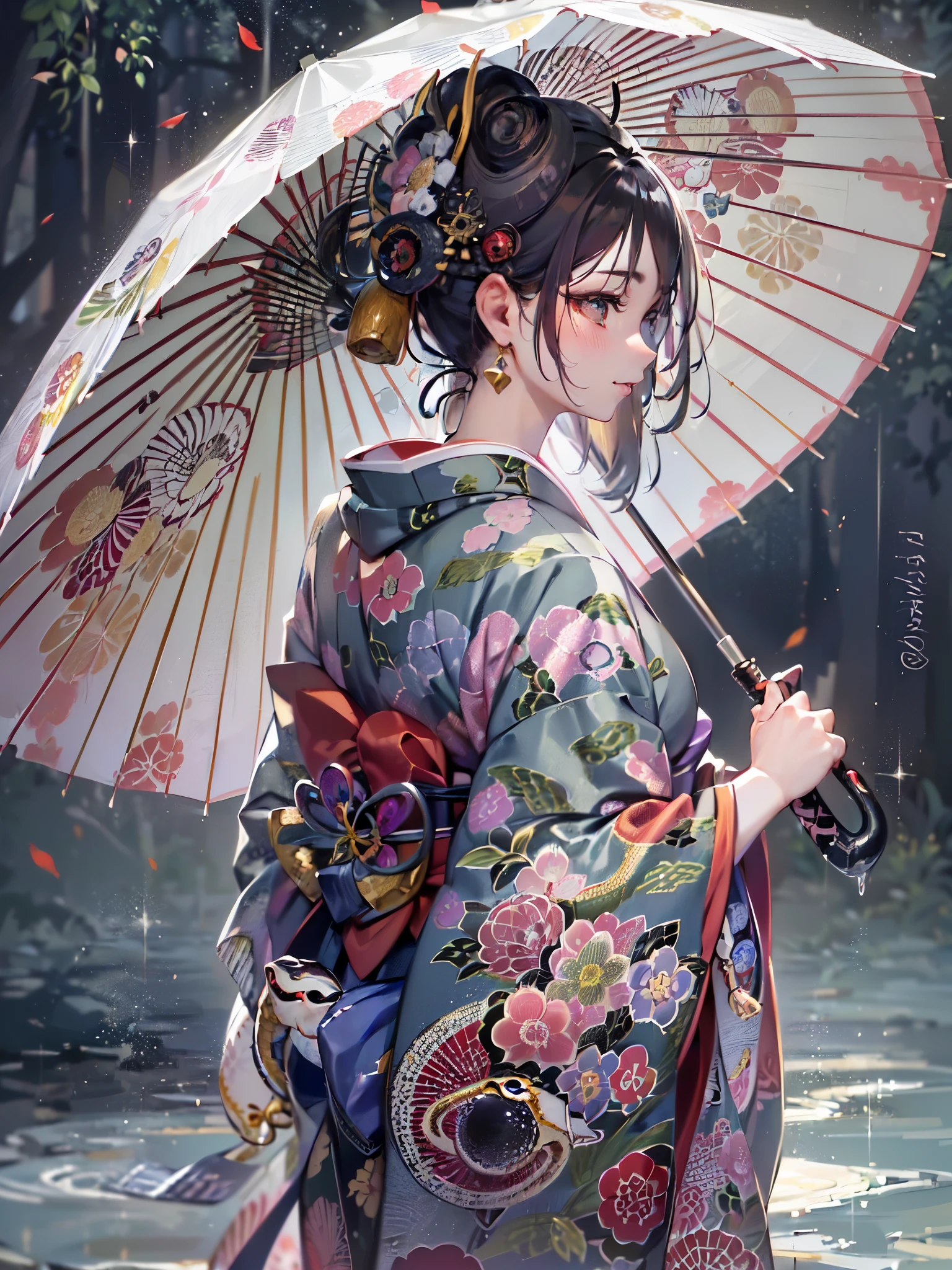 ((highest quality)),(Ultra-high resolution),(Very detailed),(Detailed Description),((The best CG)),(A masterpiece),Ultra-precise art,amazing drawing art,(Japanese art with intricate detail:1.5), (woman:1.5),(Beautiful and well-proportioned face:1.5),(Kimono with intricate and detailed design:1.5),(Snake eye umbrella:1.7),Beautiful woman looking back:1.3, Rainy weather:1.4