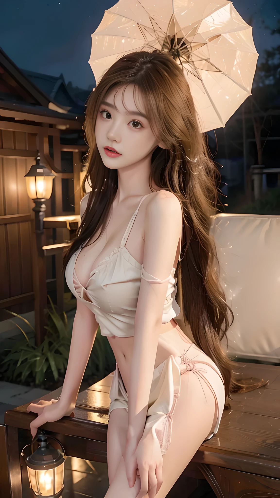full hd 8k, Girl standing in front of a dark night scene, full moonlight reflecting on her beautiful face. Her long, silky hair was gently blown by the night wind, creating a gentle and romantic feeling. Next to her is a large displacement motorbike, showing her success and class. She looked up at the starry sky, as if searching for something, her eyes showing thoughtfulness and loneliness. The full moon shines in the night sky creating a beautiful scene. The girl has long, silky hair, creating a luxurious and noble beauty. The moonlight shines on the girl's delicate face, highlighting her large, round light brown eyes, creating a natural, gentle beauty. She wore a red shirt and short jeans, showing off her seductive and luxurious beauty. Her plumble breasts were exposed, revealing her plumble and extremely sexy breasts. These images capture detailed panoramic portraits and views of the sky and motorcycles. All create a beautiful, wonderful picture that makes people unable to take their eyes off the scene. All of these details are depicted clearly and sharply,