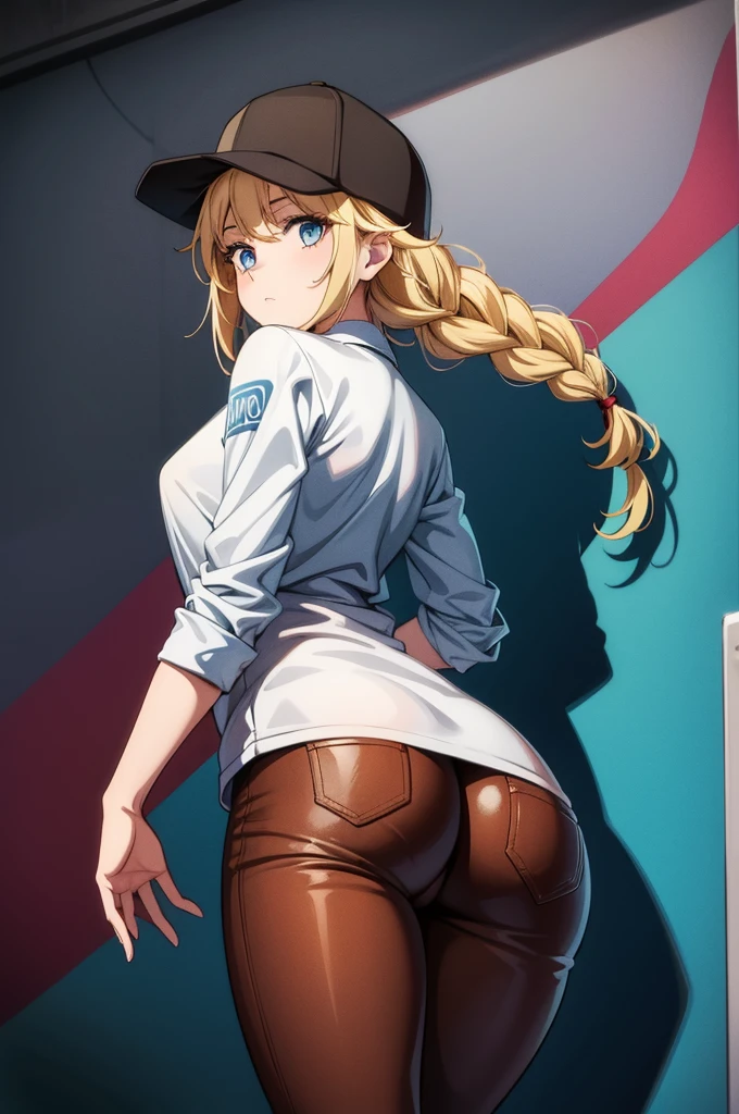 Anime Kawaii sexy Perfect Slim sensual body large breast and huge thighs, An intricate and highly detailed illustration of anime (Young girl) Blonde girl sf6, black sports well, choker, 1 girl, standing alone, clothes open, black pants, looking ahead at viewer, へそ, abdomen, White background, blue colored eyes, scar on the face, red gloves, scar on cheek, muscular, antenna hair, hand on hip, black choker, open jacket, cropped jacket, thick-thighs grossas, hair blonde, gloves fingerless, sports well, shorth hair, thick-thighs,  muscular female, tummy, Blue jacket, (((standing backwards))), big-ass, focus on the ass